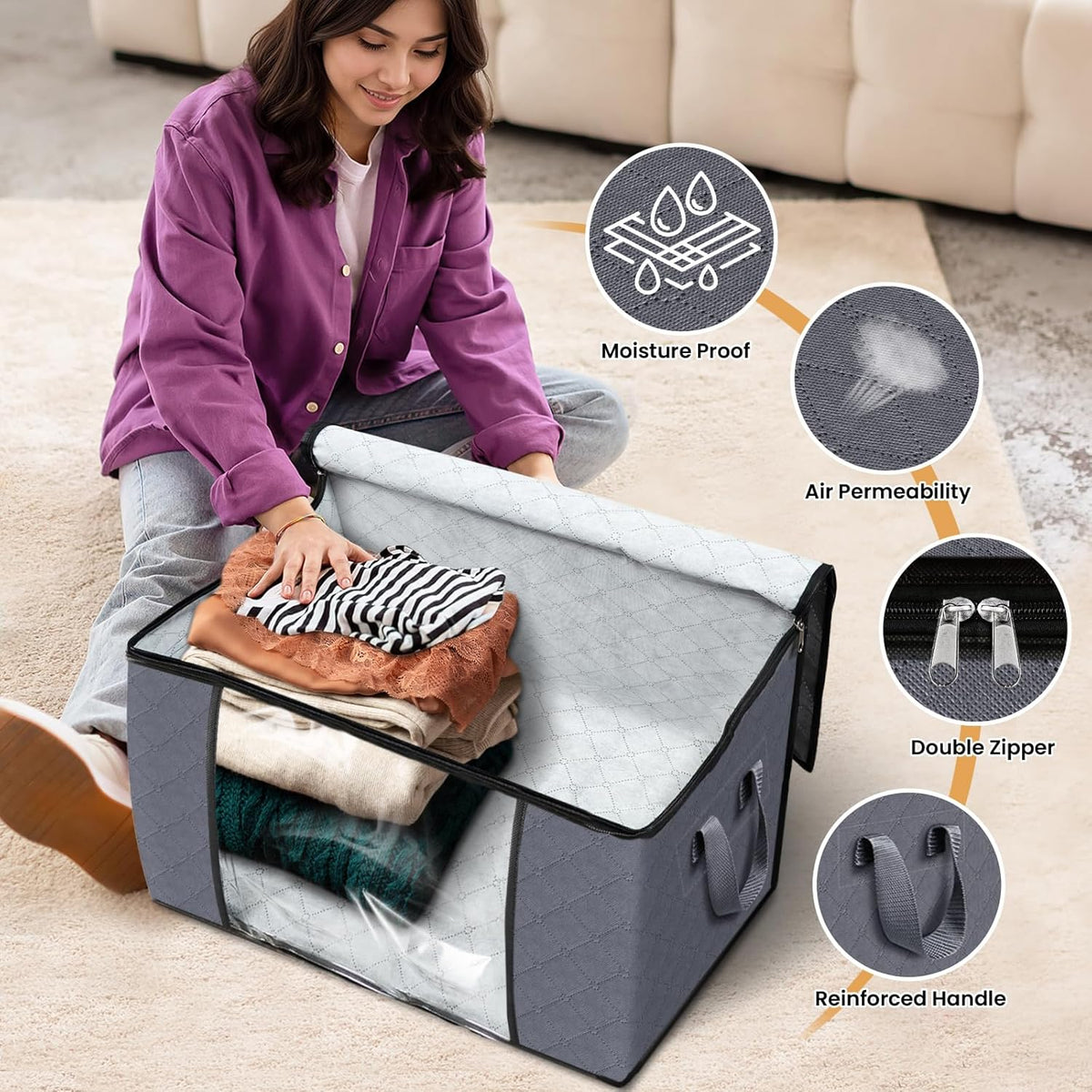 Fab totes 24 Gallons Clothes Storage, Foldable Thick Fabric Blanket Storage Bags, Containers for Organizing Bedroom, Closet, Clothing, Comforter, Organization with Handle (6 Pack,Grey)