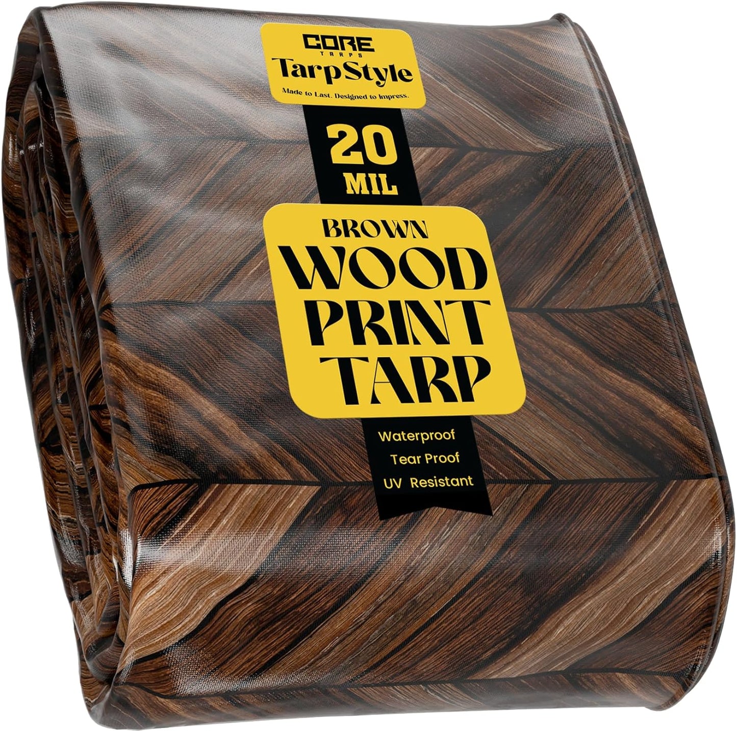 Core Tarps Extreme Heavy Duty 20 Mil Tarp Cover, Waterproof, UV Resistant, Rip and Tear Proof, Poly Tarpaulin with Reinforced Edges for Roof, Camping, Patio, Pool, Boat (Brown Wood/Black 10′ X 12′)