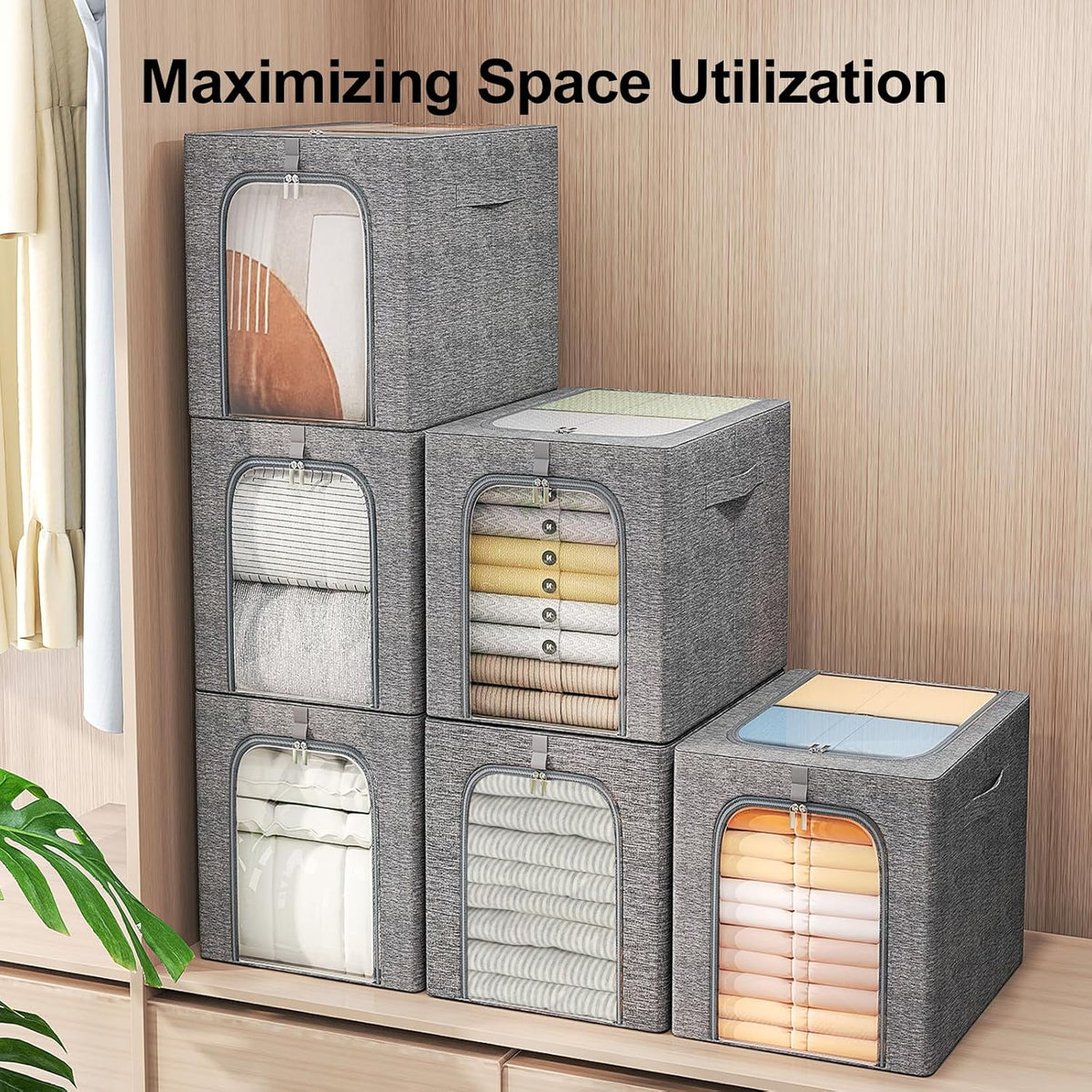 GoMaihe Clothes Storage Bins Metal Frame: 55L Extra Large Stackable Closet Storage Bin with Lid & Clear Window, Heavy Duty Blanket Box for Winter Coats Comforters (Fits Deep Closet 6-Pack)