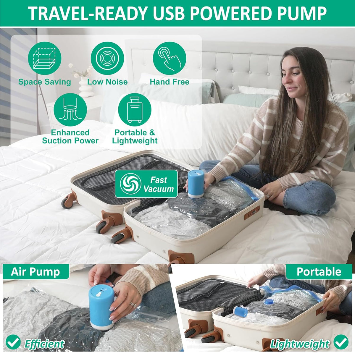 Cozy Essential Travel Vacuum Bags with Electric Pump, 6 Pack Vacuum Travel Bags for Luggage and Suitcase, Vacuum Seal Space Saver Compression for Clothes Clothing