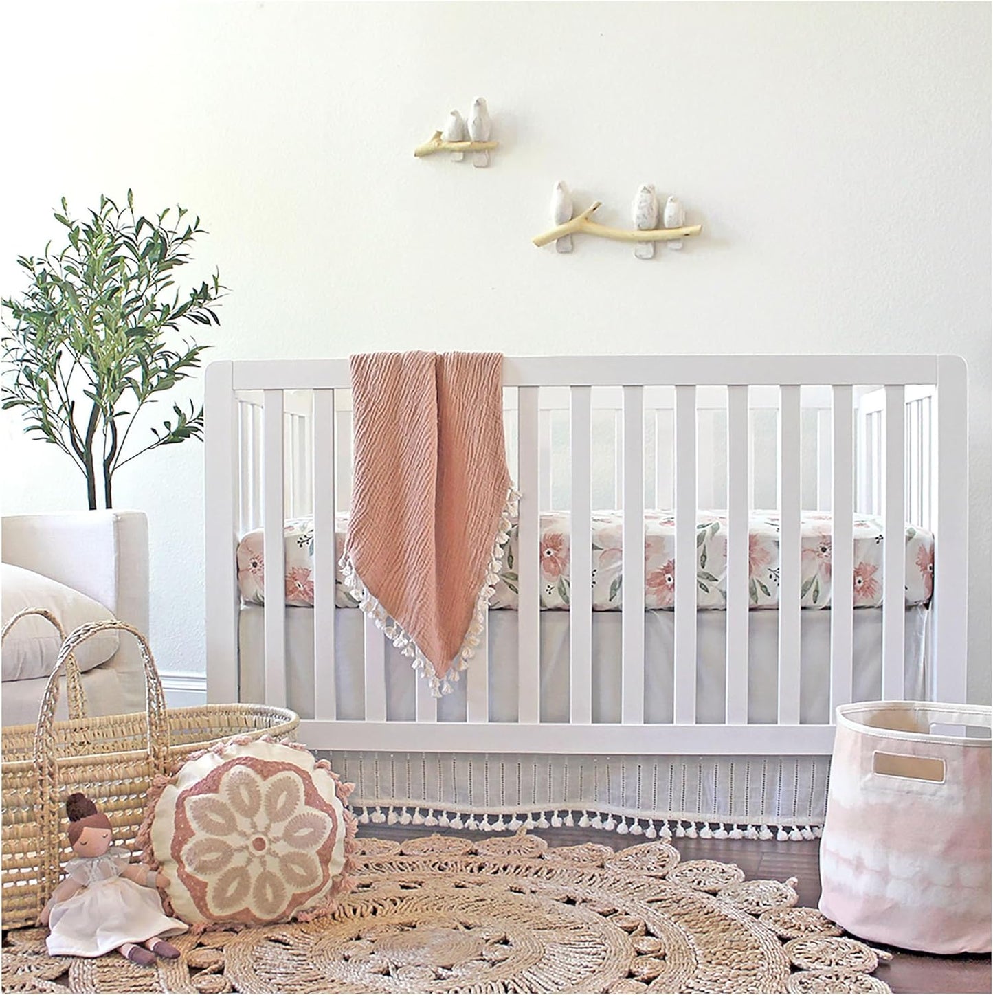 Crane Baby Floral Crib Sheets, 100% Cotton, Breathable Baby Bedding for Standard Mattress, Pink Nursery Decor, Machine Washable Pink Floral Crib, Toddler Sheets