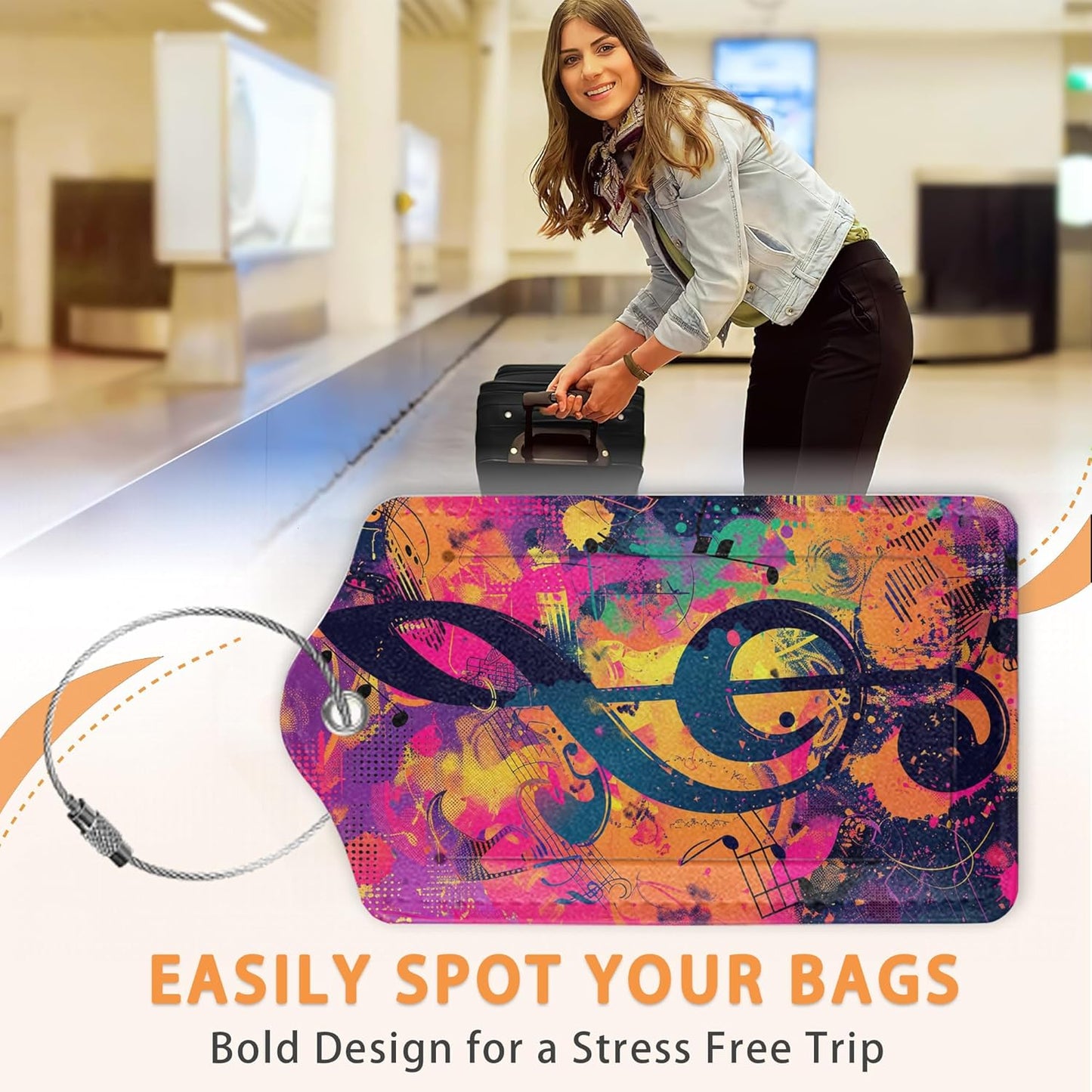 Retro Neon Treble Clef Pop Art PU Leather Luggage Tags for Suitcase, Travel Cruise 3 Pack with Privacy Flap, Name ID Label and Metal Loop for Women Men Girls Baggage Bag Backpack