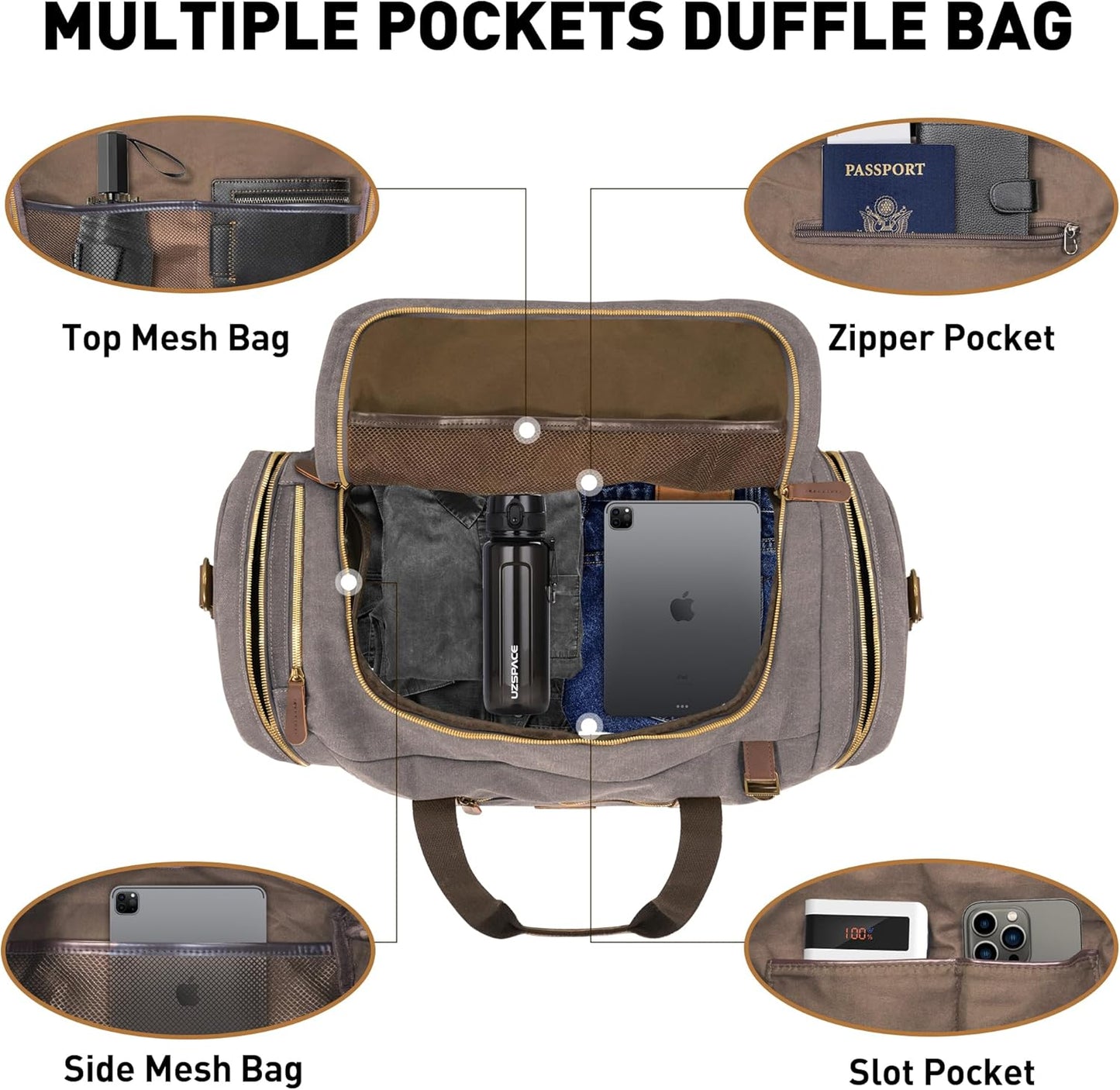 Vintage Canvas Duffle Bag, 50L Genuine Leather Travel Duffel Backpack Multifunctional Overnight Weekender Bag with Shoes Compartment Men (Grey)