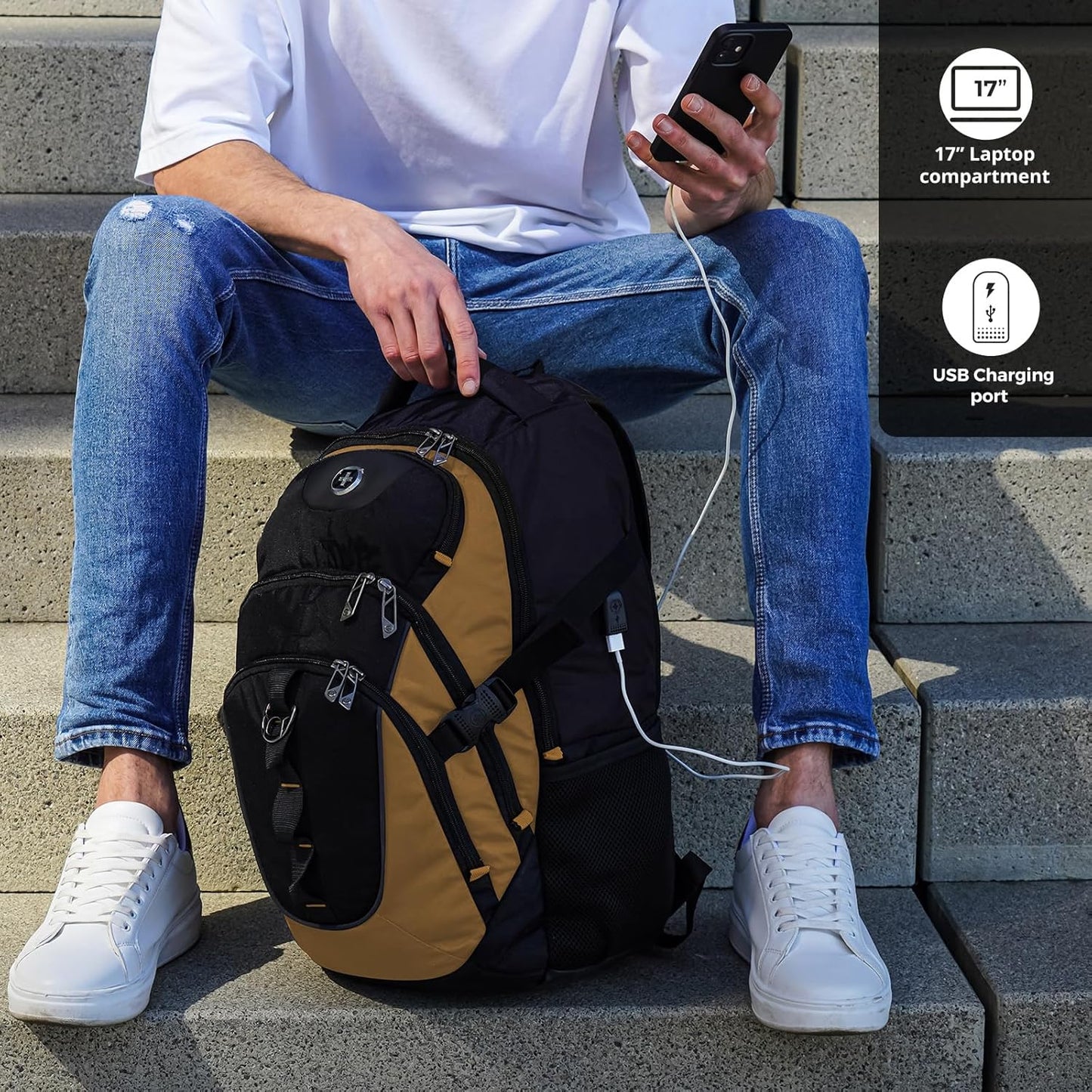 Swissdigital Design Laptop Backpack with USB Charging Port, TSA Travel Backpack Fits 15.6 inches Computer, 31L College School Backpack for Men, Tan/Black | SD803