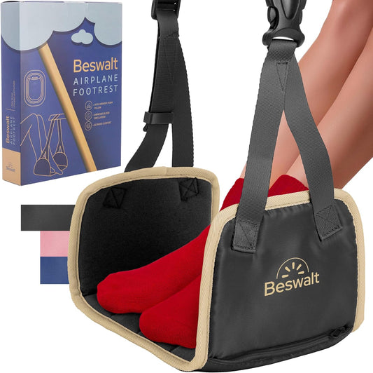 Portable Airplane Foot Hammock for Plane Travel with Memory Foam & Hardboard for No Feet or Leg Clashing - Long Flight Air Travel Essentials to Relax Feet Rest Flying Overseas by Beswalt (Black)