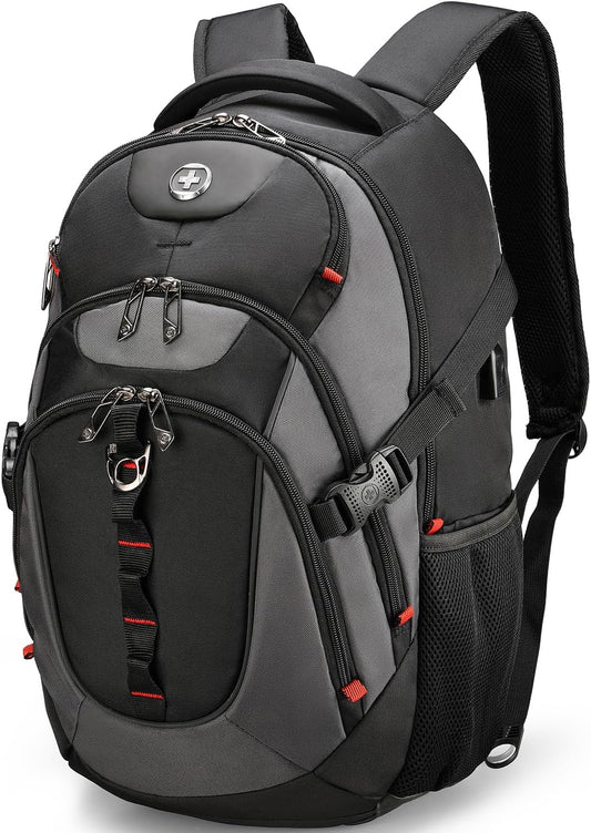 Swissdigital Design Laptop Backpack with USB Charging Port, TSA Travel Backpack Fits 15.6 inches Computer, 31L College School Backpack for Men, Black/Grey | SD803