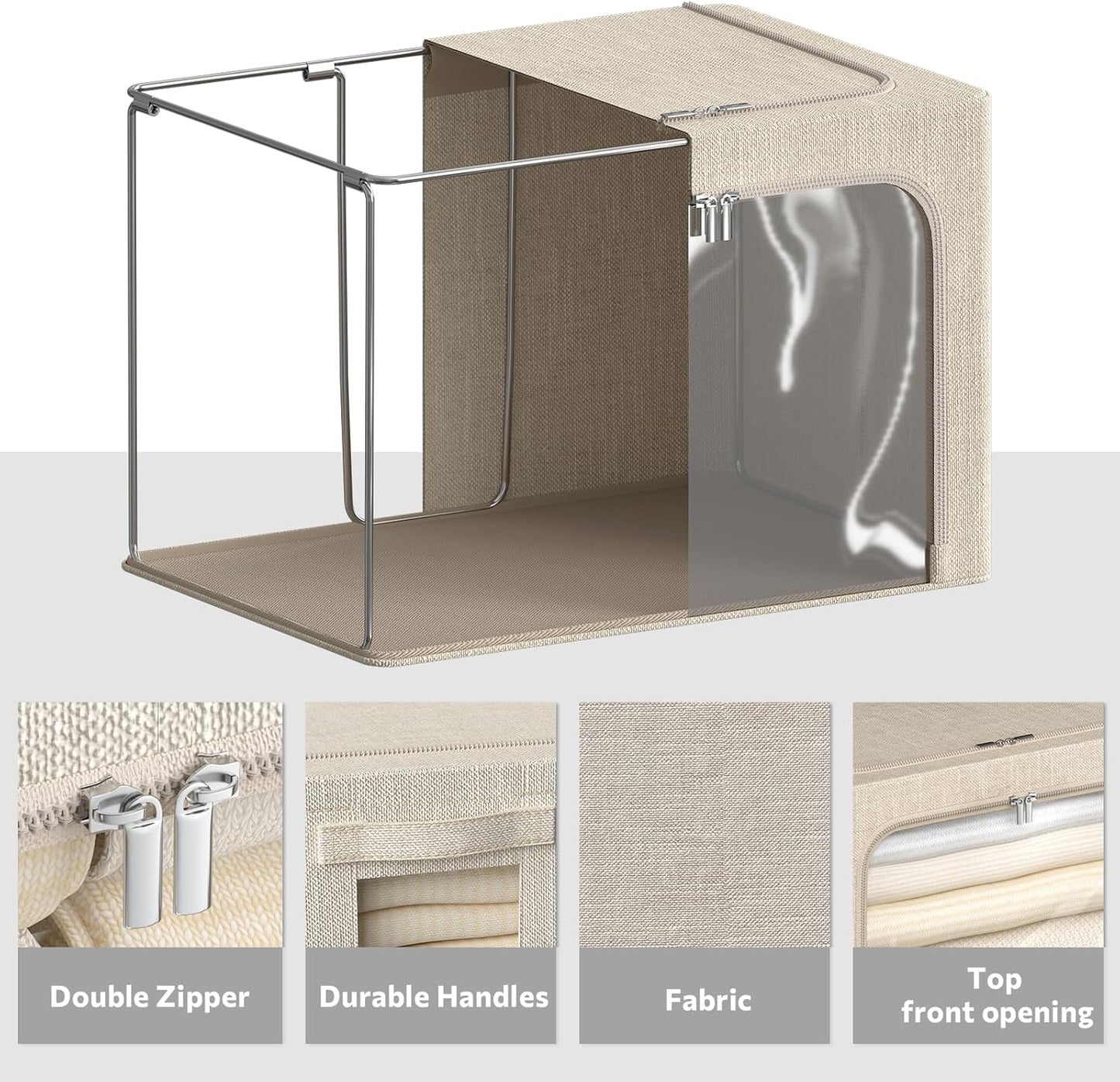 4 Pack Clothes Storage Bins with Metal Frame - Linen Fabric Foldable Stackable Container Organizer Set with Clear Window & Carry Handles & Zippers (Beige, 15.7"x11.8"x7.8")