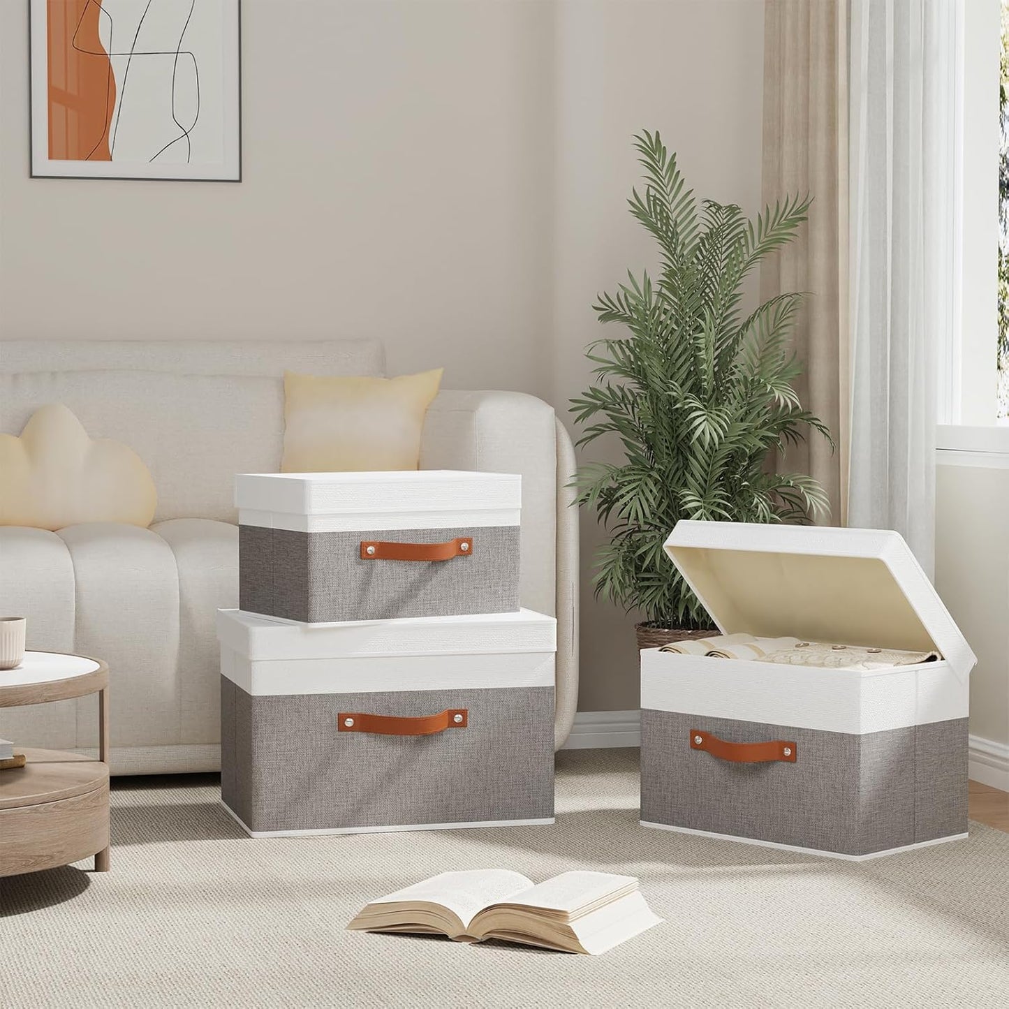 Fabric Storage Boxes with Lids, Linen Foldable Cloth Baskets, 17.7 x 11.8 x 11.8 Inch Closet Organizer Containers with Double Handles, Sweater Bins for Bedroom, White and Grey, 1 Pack