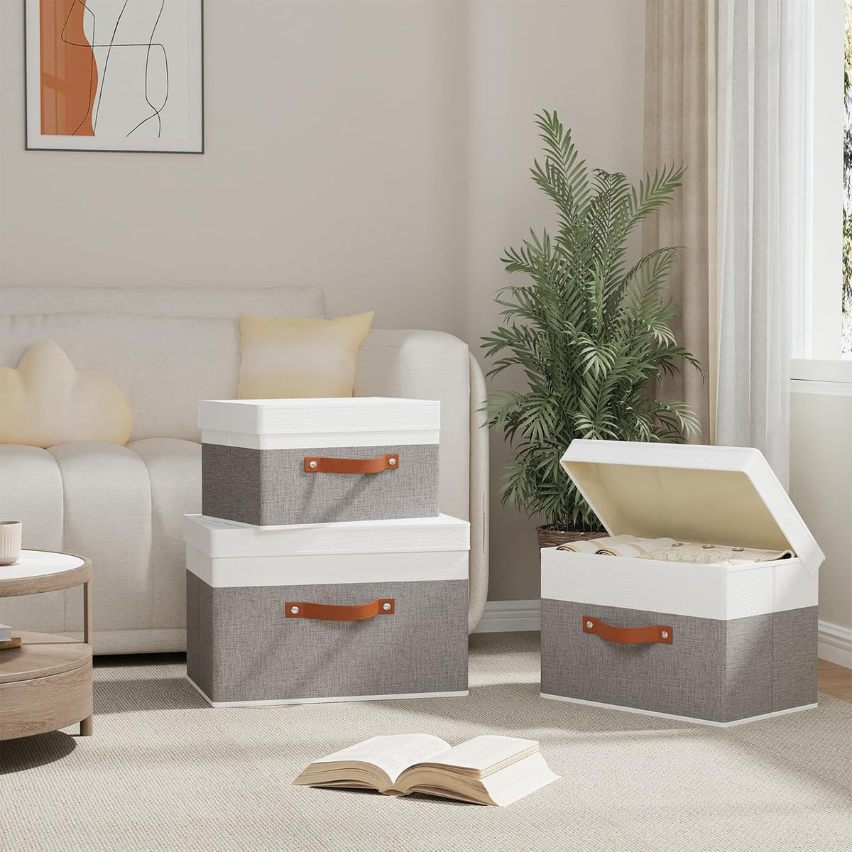 Fabric Storage Boxes with Lids, Linen Foldable Cloth Baskets, Closet Organizer Containers with Double Handles, Sweater Bins for Bedroom, White and Grey, 5 Pack, 13 x 9.1 x 7.9 Inch