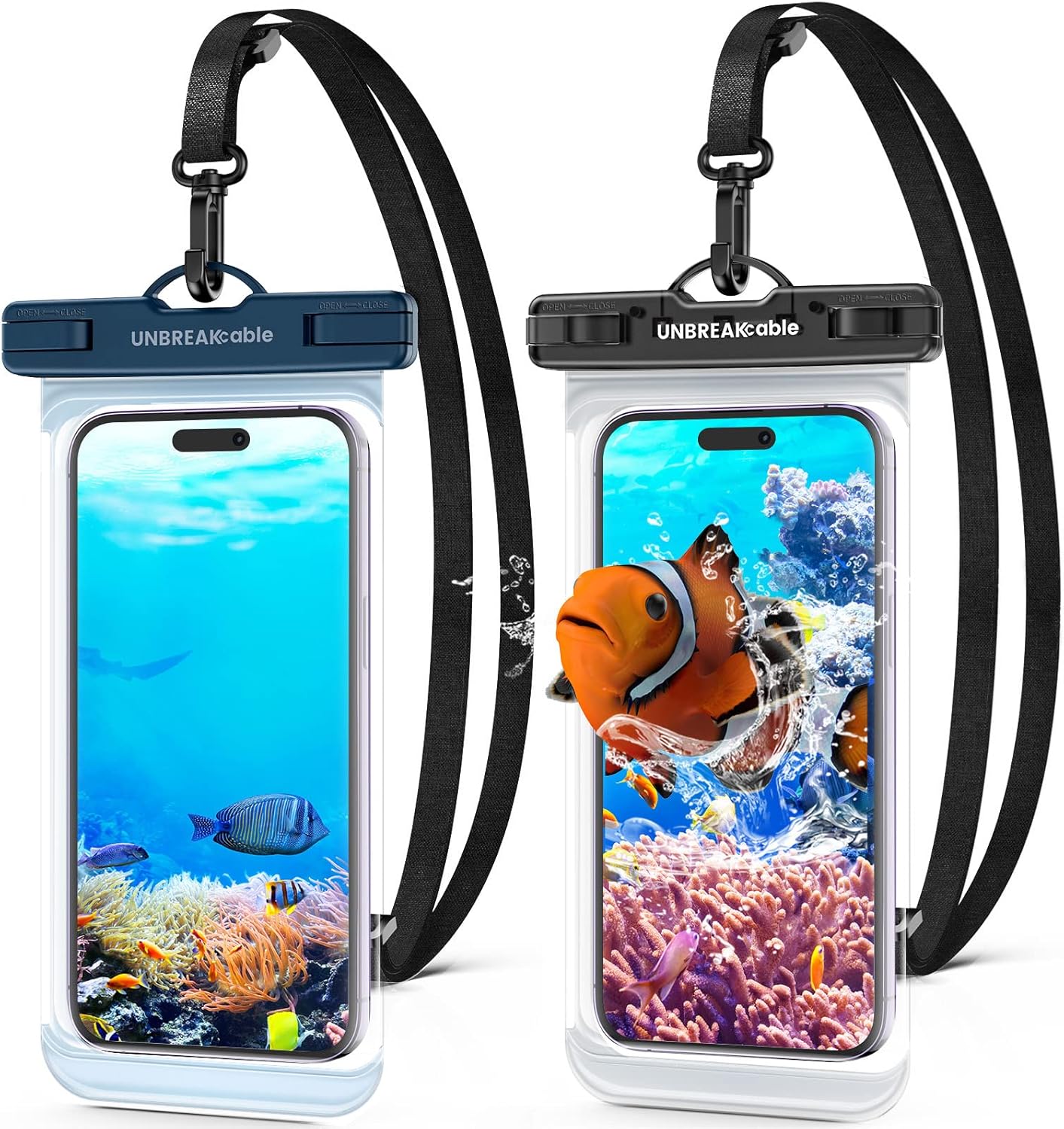 UNBREAKcable Waterproof Phone Pouch-2 Pack IPX8 Waterproof Phone Case for iPhone 16 15 14 13 12 11 Pro Max & Samsung S25 S24-Dry Bag & Travel Essentials for Beach, Pool, Kayak & Cruise-7" Black+Blue