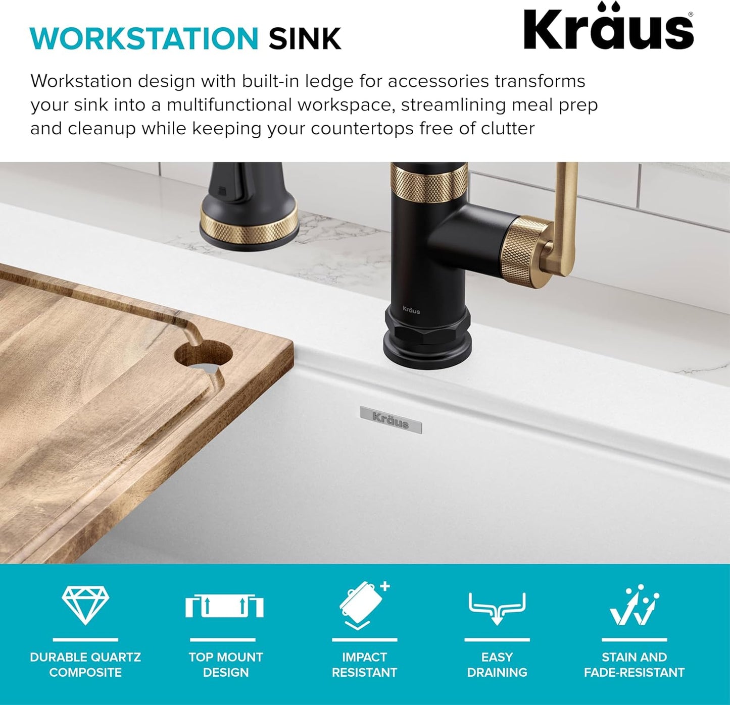 KRAUS Bellucci 33” Workstation Drop In Retrofit Farmhouse Single Bowl Granite Kitchen Sink in White with Accessories