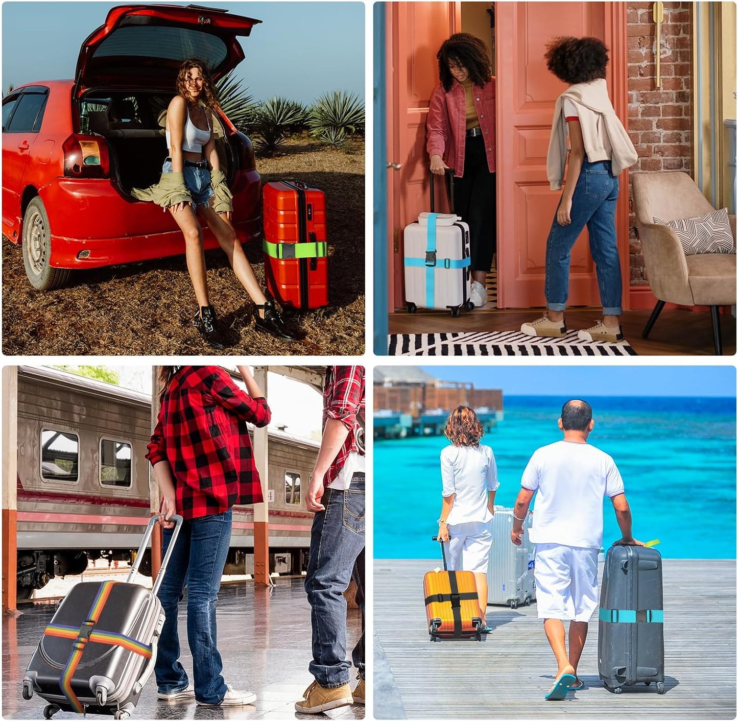 BILIONE 4 Pack Luggage Straps 79" Long Belts Keep Suitcase Secure While Traveling, TSA Approved Add a Bag Premium Accessory for Travel Bag Closure (Blue+Orange+Rose Pink+Green)