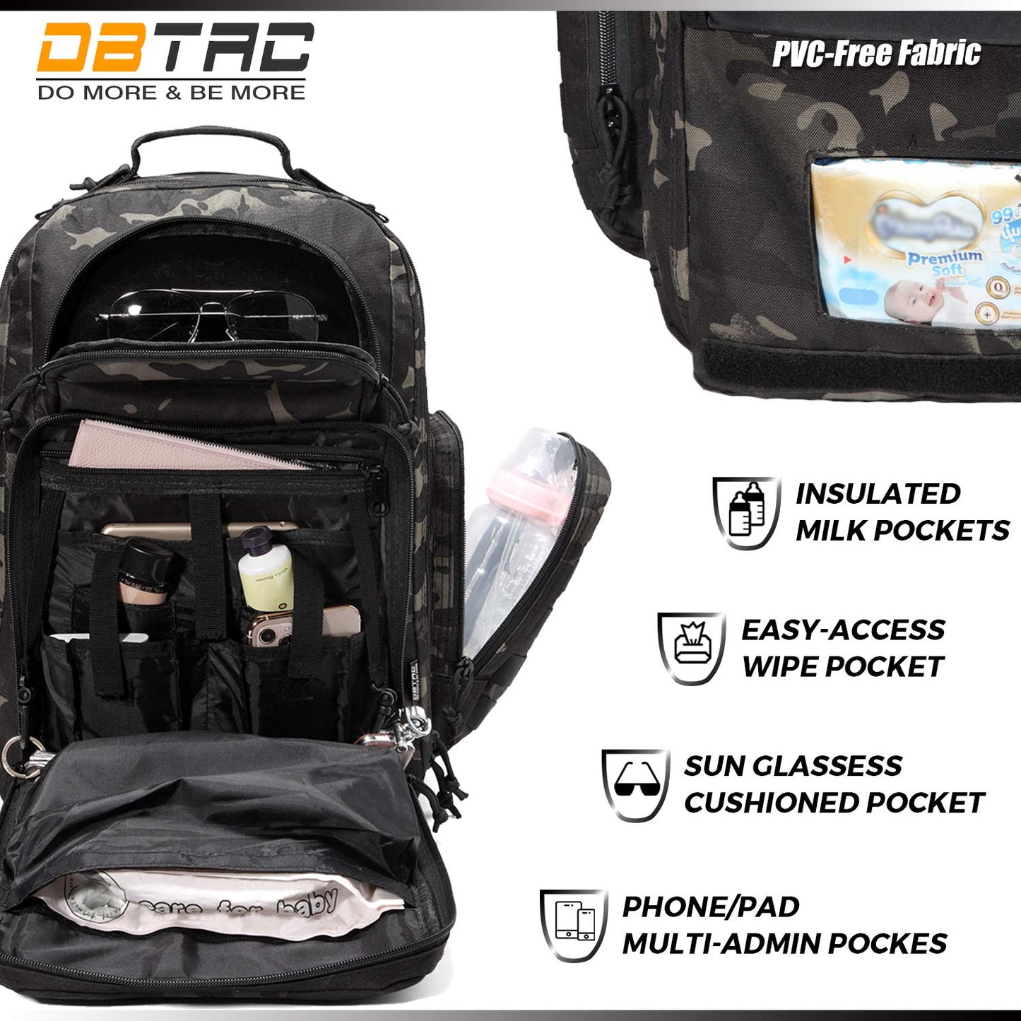 Diaper Bag Backpack for Dad, DBTAC Large Baby Nappy Bag for Men w/Changing Mat, Insulated+Wipe Pockets, Stroller Straps, Black Camo
