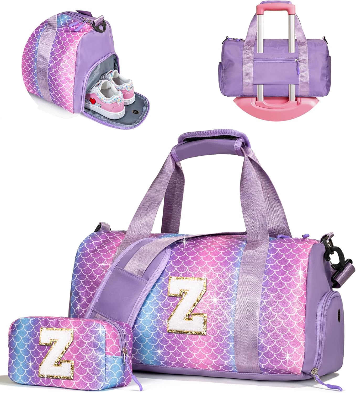 Birthday Gift for Granddaughter-Girl Gym Bag with Shoe Compartment, Kid Personalized Weekender Overnight Bags, Initial Travel Tote with Makeup Pouch, Christmas Gifts for Girls (Letter Z)