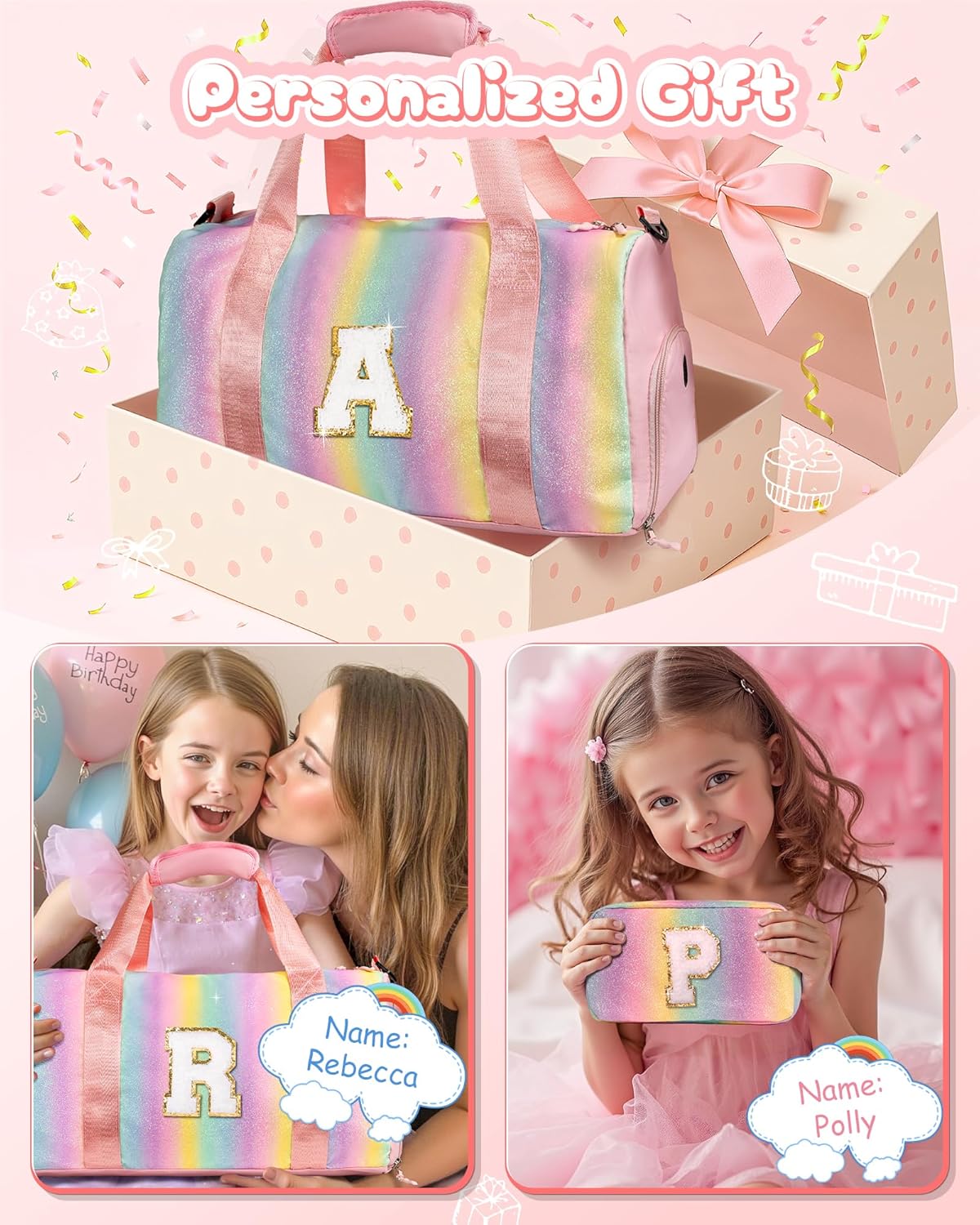 Girls Cheer Up Gifts-Girl Gym Bag with Shoe Compartment, Kid Personalized Weekender Dance Bags, Initial Travel Tote with Makeup Pouch, Graduation Gift for Niece Kids Daughter (Letter K)