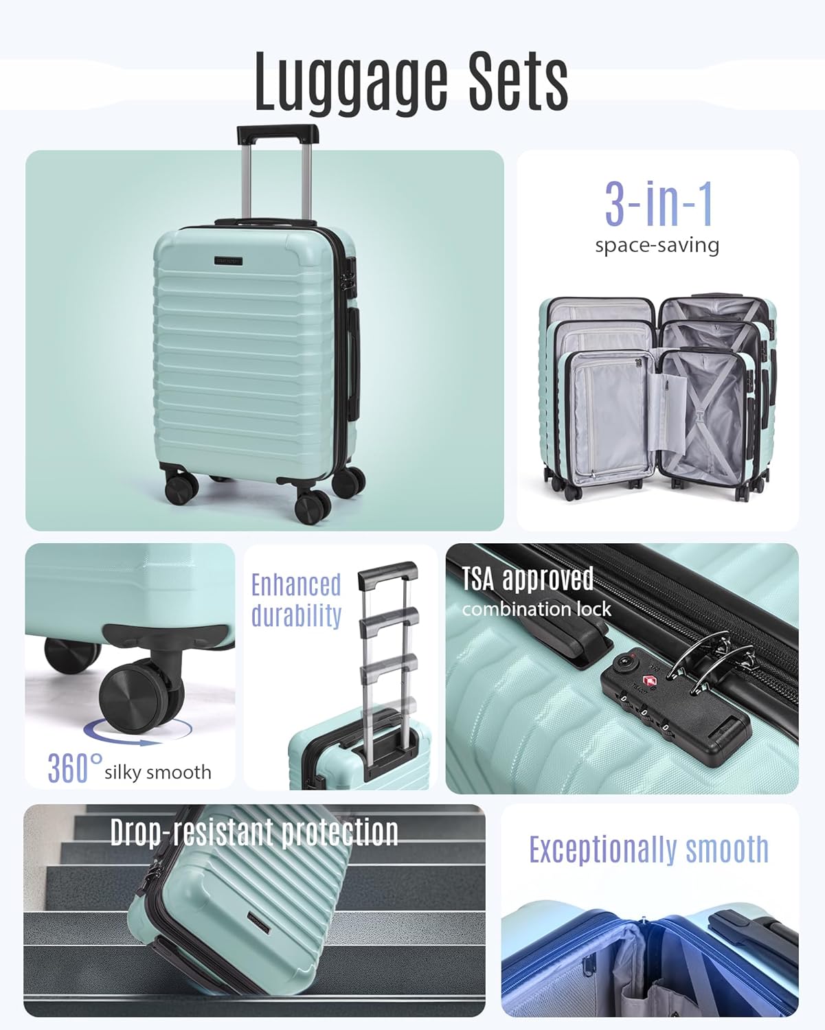 LIGHT FLIGHT Luggage Sets, 3 Piece Durable Suitcase Set with Spinner Wheels, 3 Pcs Hardside Lightweight luggage with TSA Lock, Large Checked Travel Suitcases, 20/24/28 Inch,Mint Green