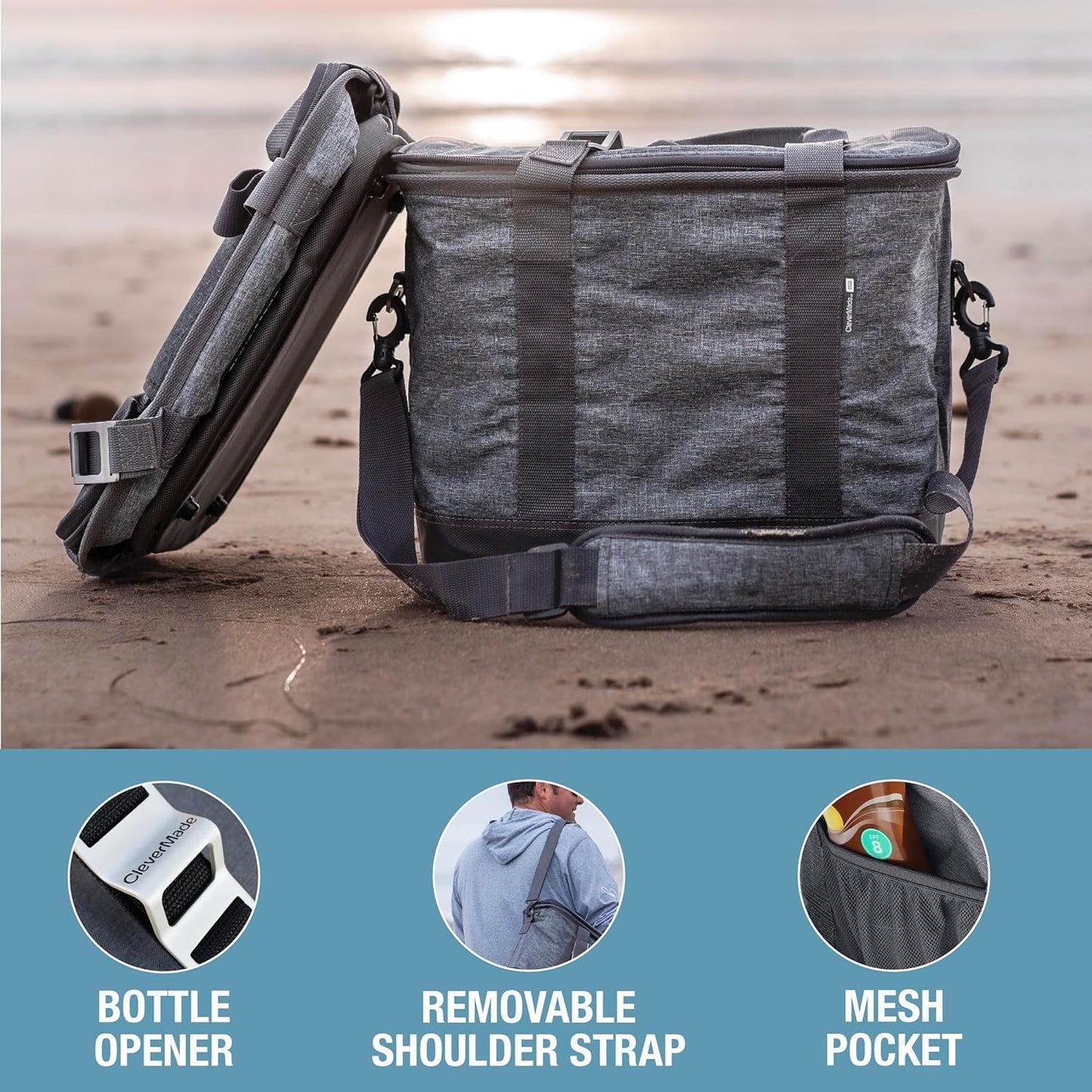 CleverMade Collapsible Insulated Cooler Bag – Leakproof Soft Folding Cooler for Beach, Travel, Car