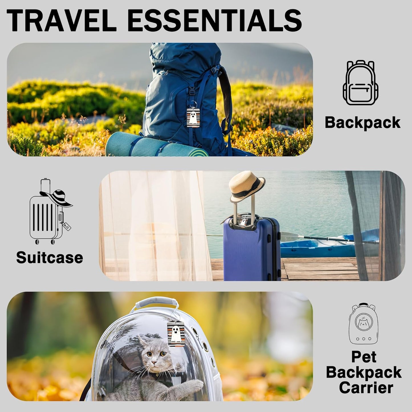 Halloween Set of 2 Luggage Tags Cute Ghost on Black and White Stripes Luggage Tags for Suitcases Leather Suitcase Tags with Privacy Name Address Label and Stainless Steel Loop for Women Men Travel Bag