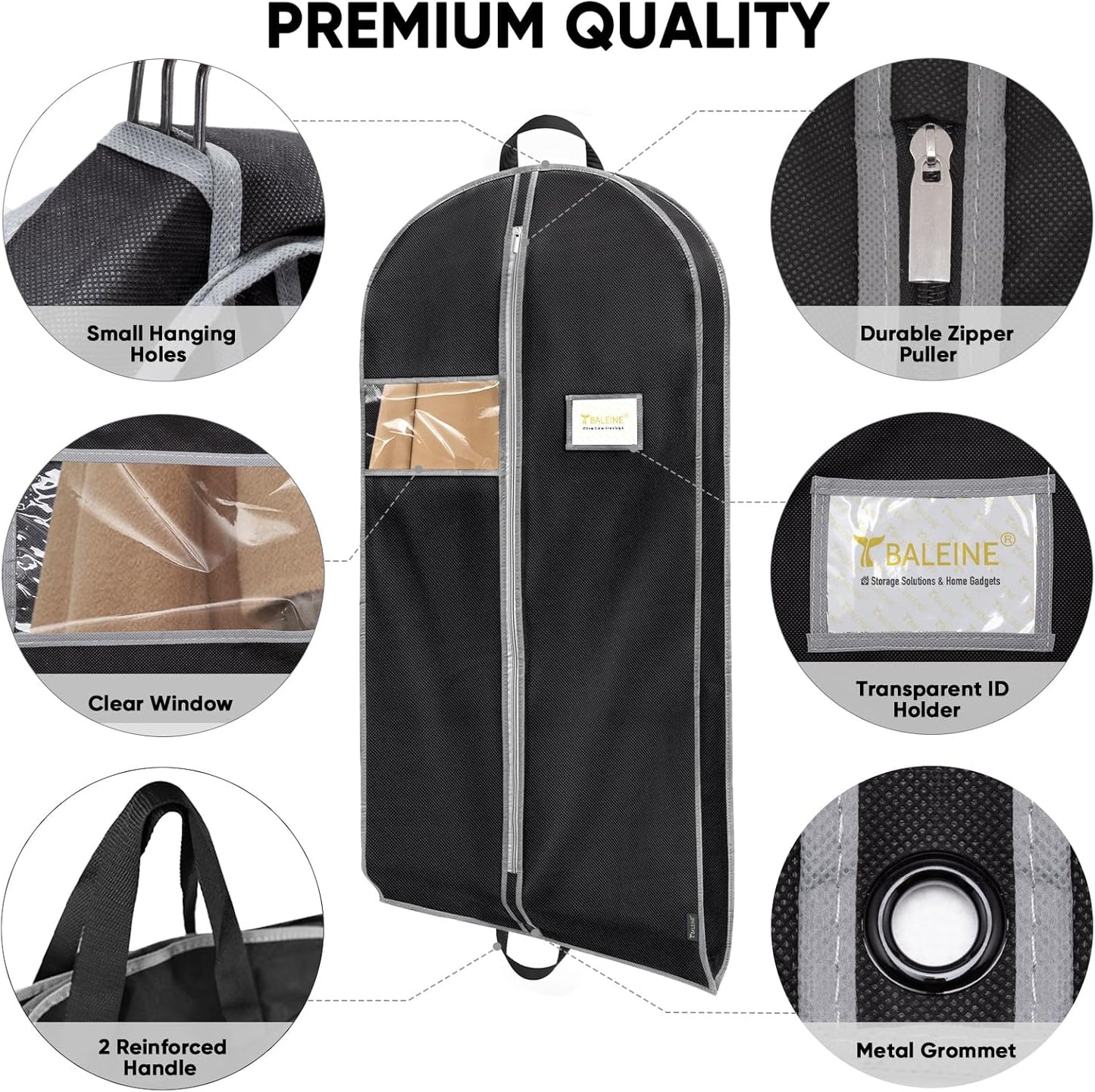 BALEINE 5PK Heavy Duty Garment Bag with Shoe Storage Travel Bag for Dresses, Suit, Coats Travel Essential (43", Black)