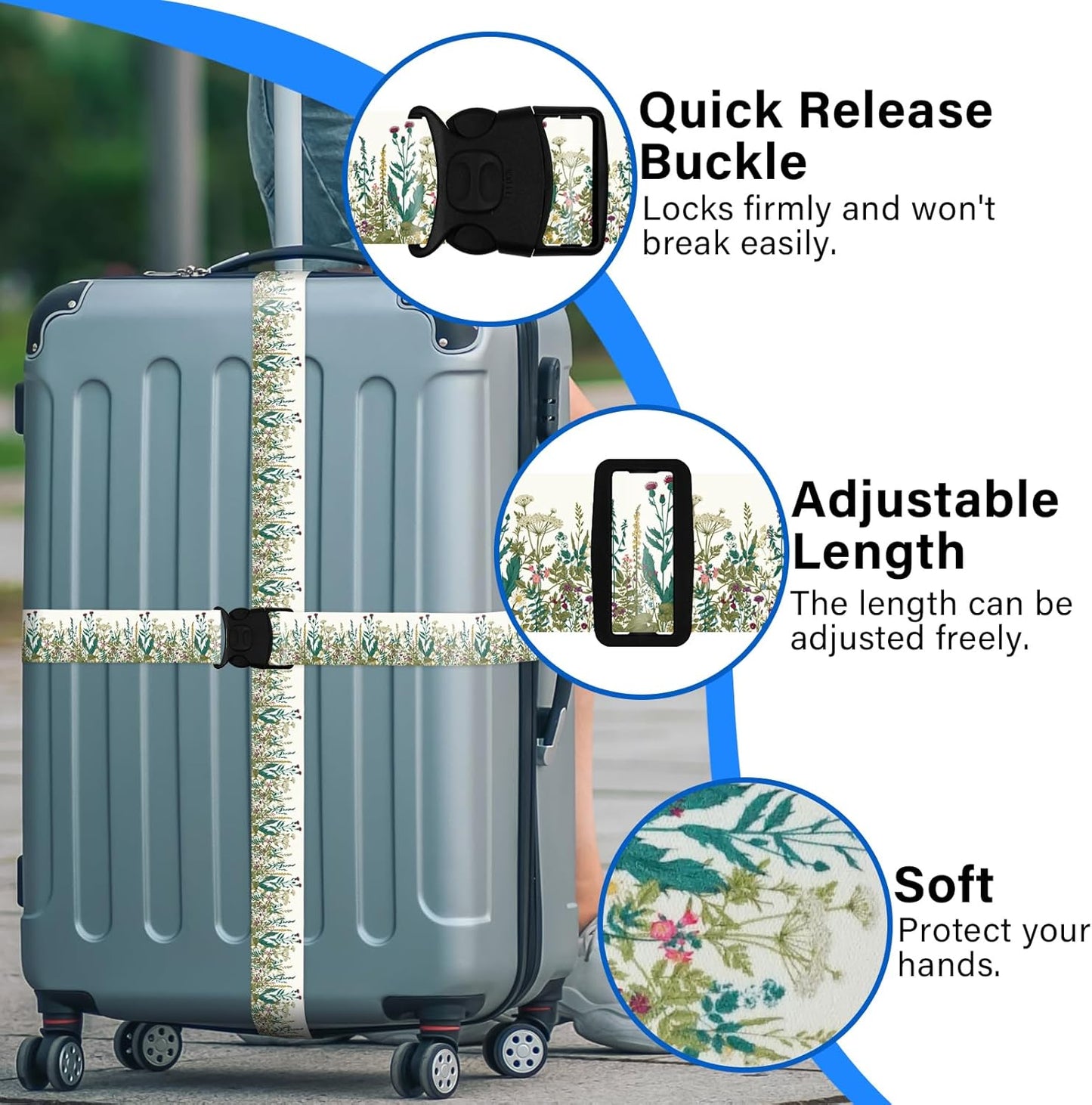 Luggage Straps for Suitcases, Travel Adjustable Belt with Quick Release Buckle, Heavy Duty Nylon Bag Packing Strap, Unique Bright Identifiers Business Travel Accessories (2 Pack) - White Flowers