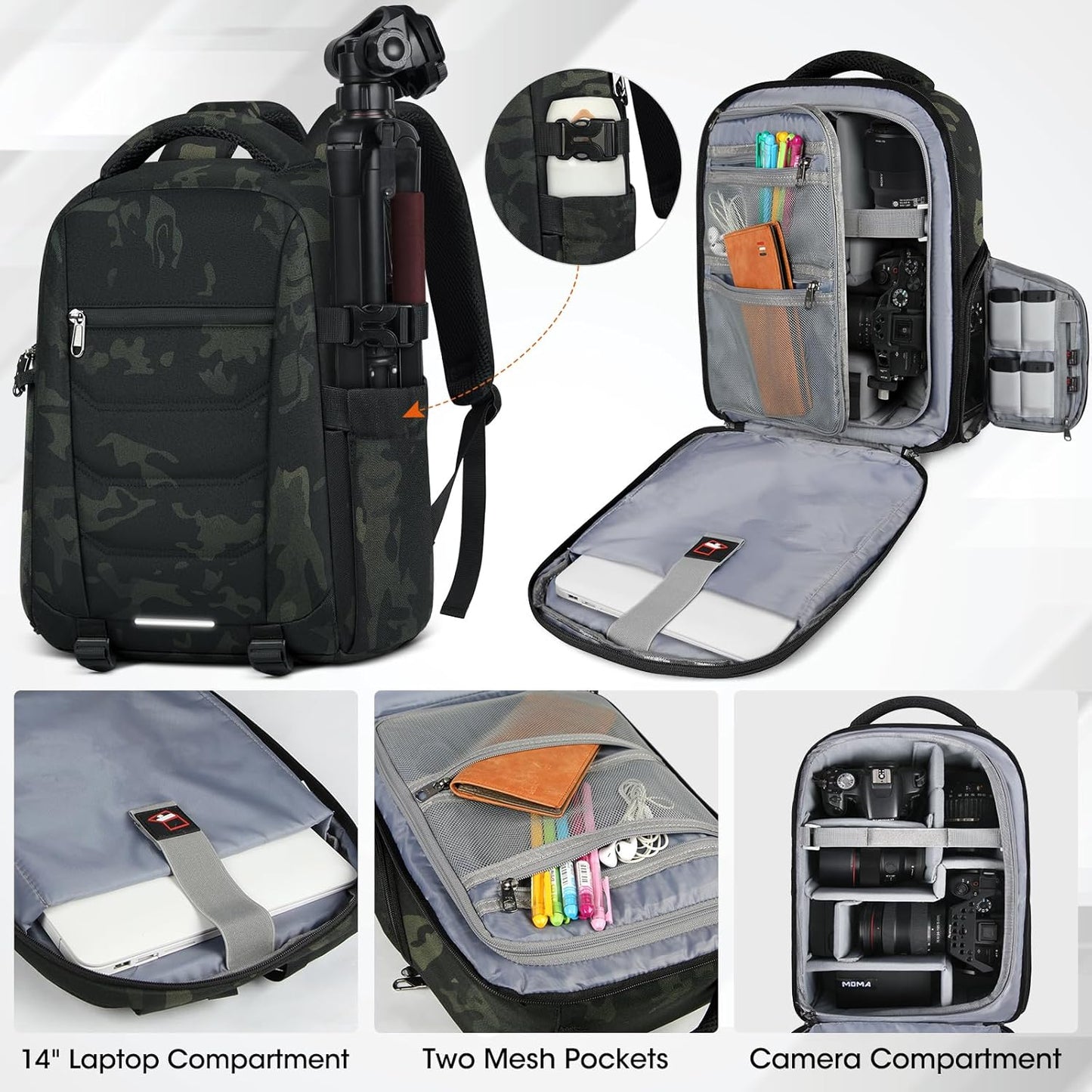 SDYSM Camera Bag Backpack Professional for DSLR SLR Mirrorless Camera Waterproof Laptop Back Pack 14 Inch with Rain Cover Anti Theft Travel Case Large Capacity Photography Backpack Camouflage