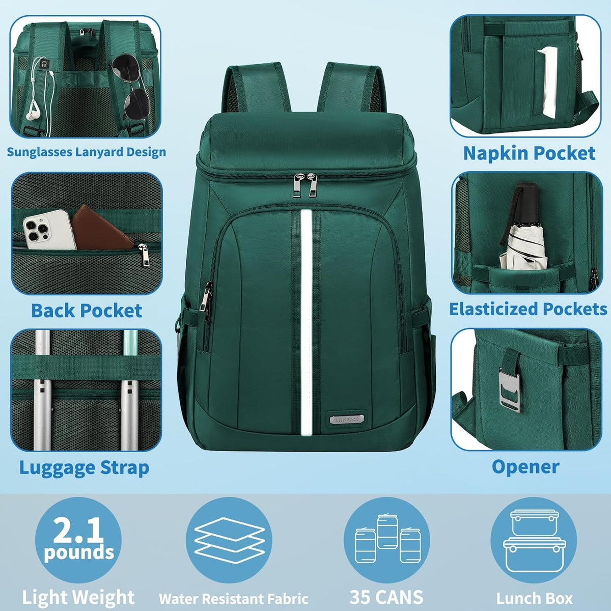 Backpack Cooler Insulated Leak Proof 35 Cans, 2 Insulated Compartments Thermal Bag, Portable Lightweight Beach Travel Camping Lunch Backpack for Men and Women, 30L, Reflective Stripes, Water-Resistant