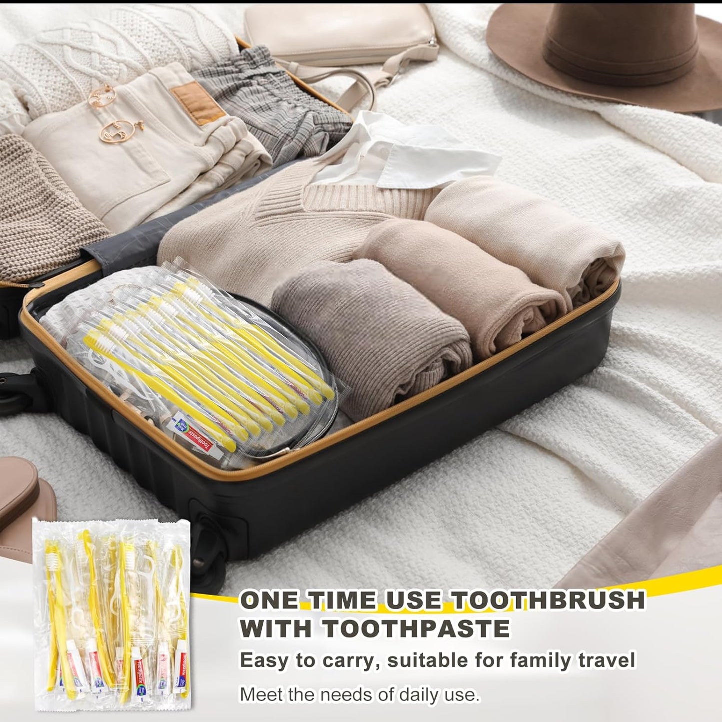 50 pcs Disposable Toothbrushes with Toothpaste and Floss,Yellow Bulk Single Use Toothbrush Floss Pick Individually Wrapped Disposable Travel Toothbrushes Kit for Homeless,Airbnb,Hotel,Guest