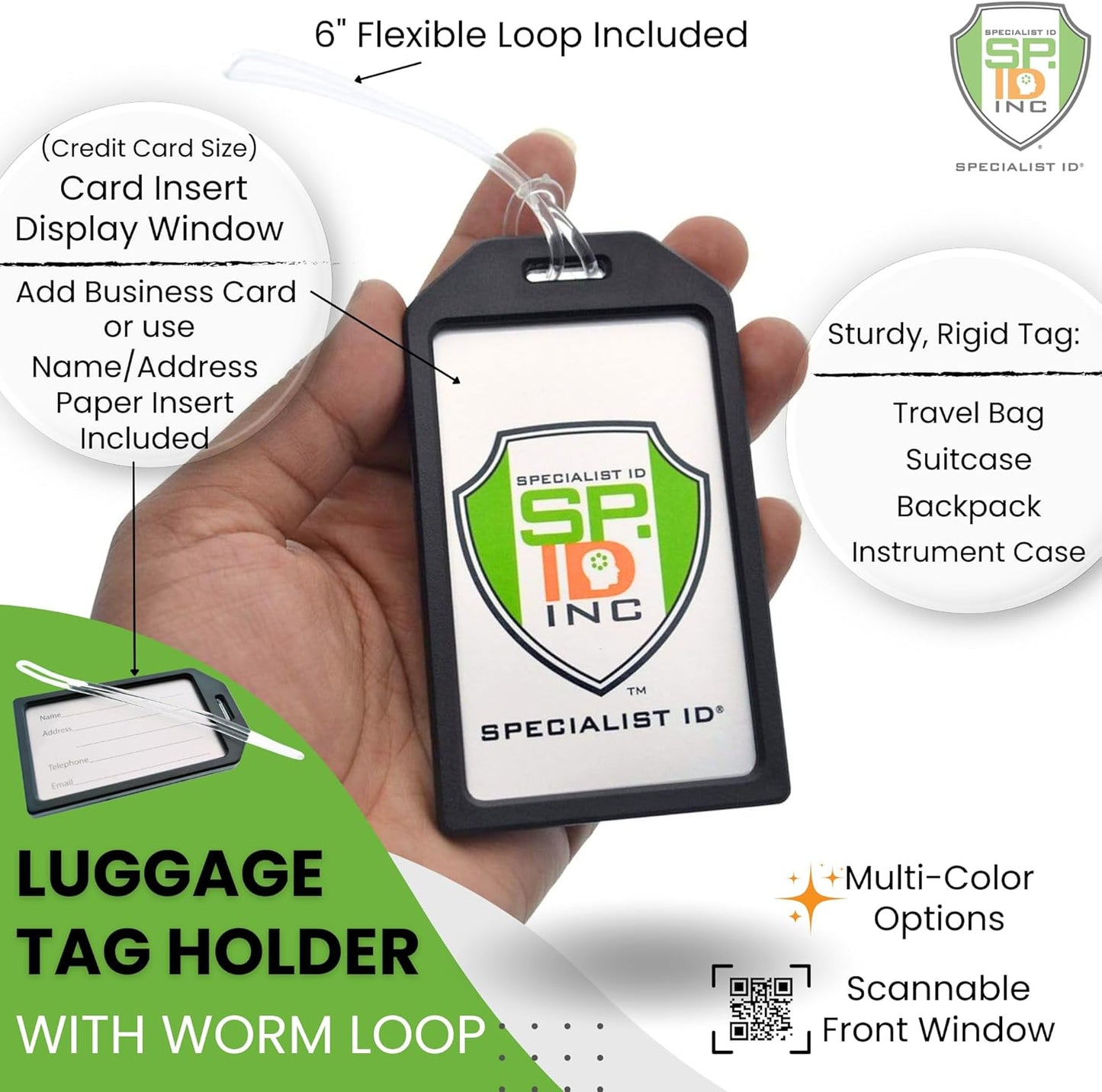 5 Pack - Premium Rigid Airline Luggage Tag Holders with 6" Worm Loops - Heavy Duty Hard Plastic -Suitcase ID Tag Identifiers with Business Card Insert Window by Specialist ID (White)