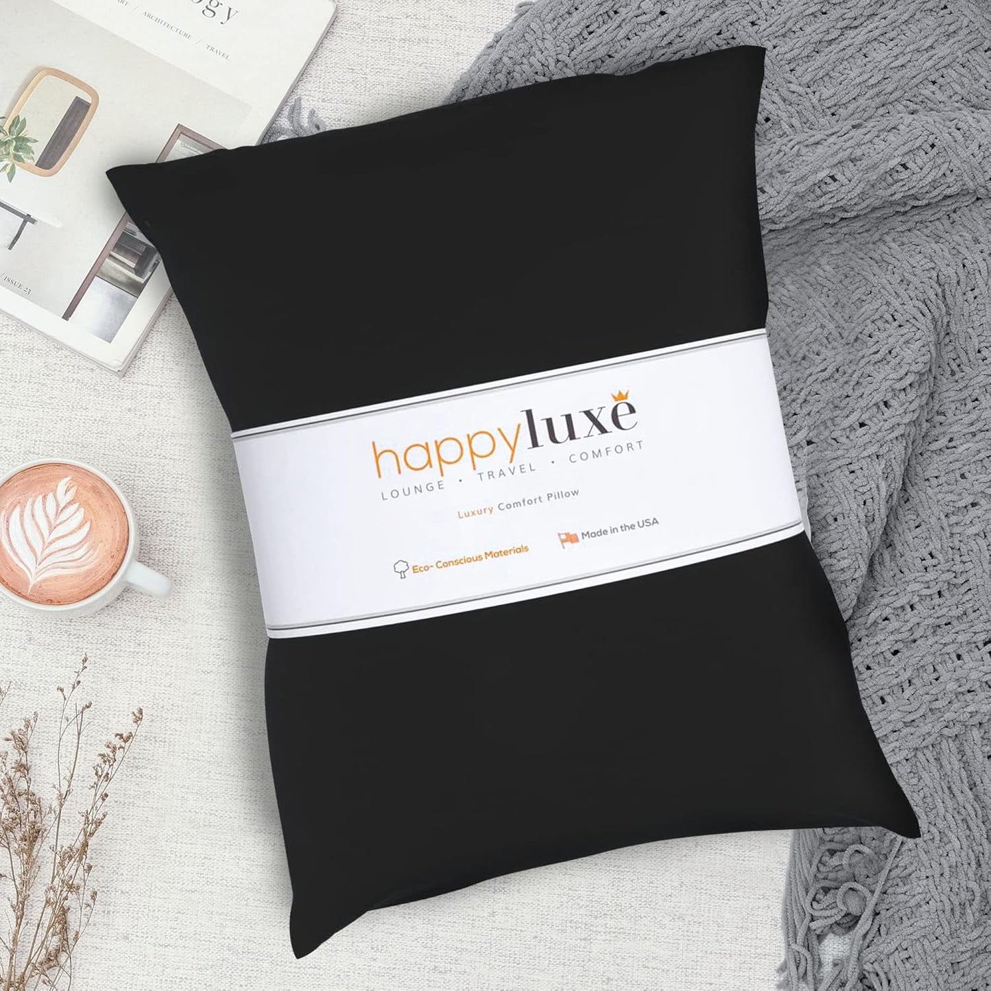 Happyluxe Odyssey Travel Pillow for Long Flights - Soft, Small, Alternative to Down and Memory Foam. 17 x 13in - Made in The USA, Jet Black Airplane Pillow for Adults Sleeping, Camping or Nap