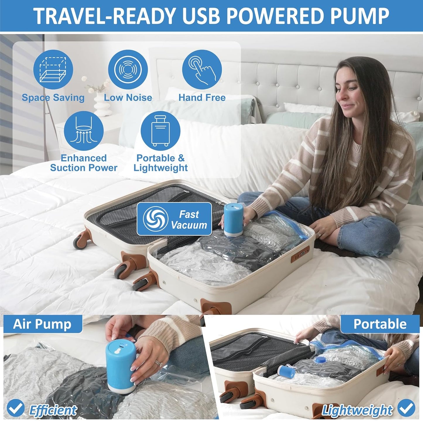 Cozy Essential Travel Vacuum Bags with Rechargeable Electric Pump, 10 Pack Vacuum Travel Bags for Luggage and Suitcase, Vacuum Seal Space Saver Compression for Clothes Clothing