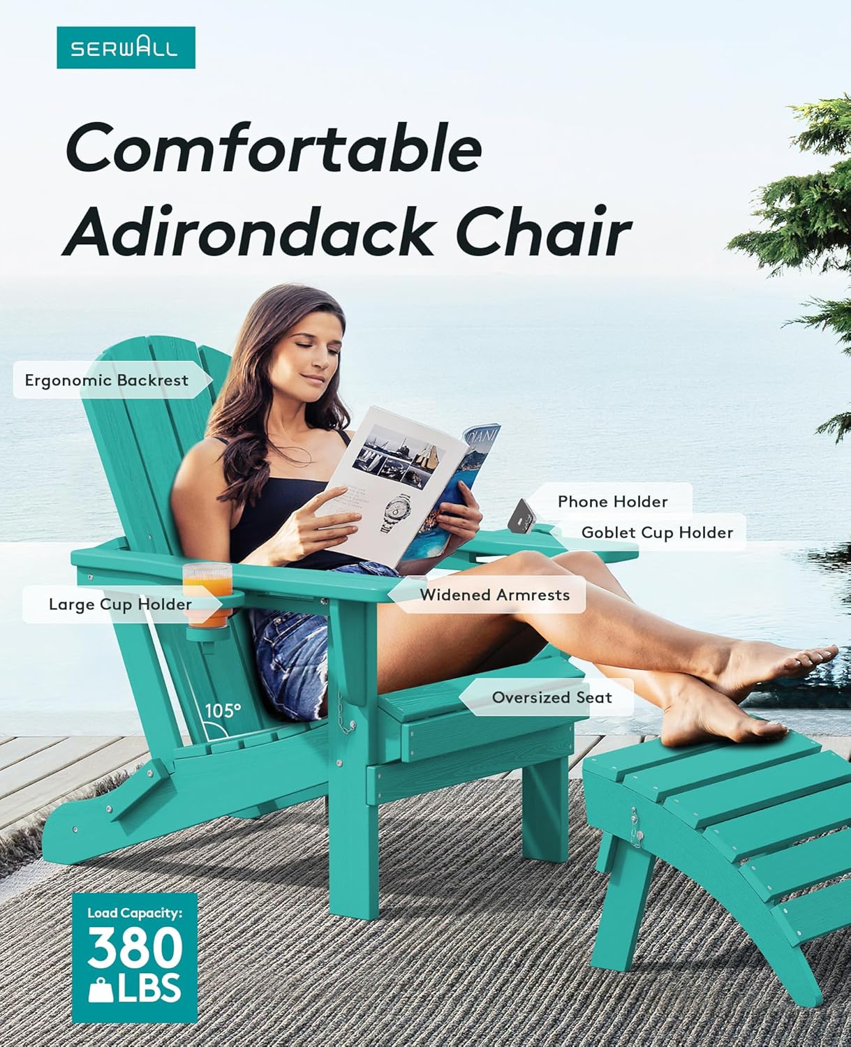 SERWALL Adirondack Chair with Cup Holders - Composite Adirondack Chairs HDPE Outdoor Chairs All Weather Use- Aruba