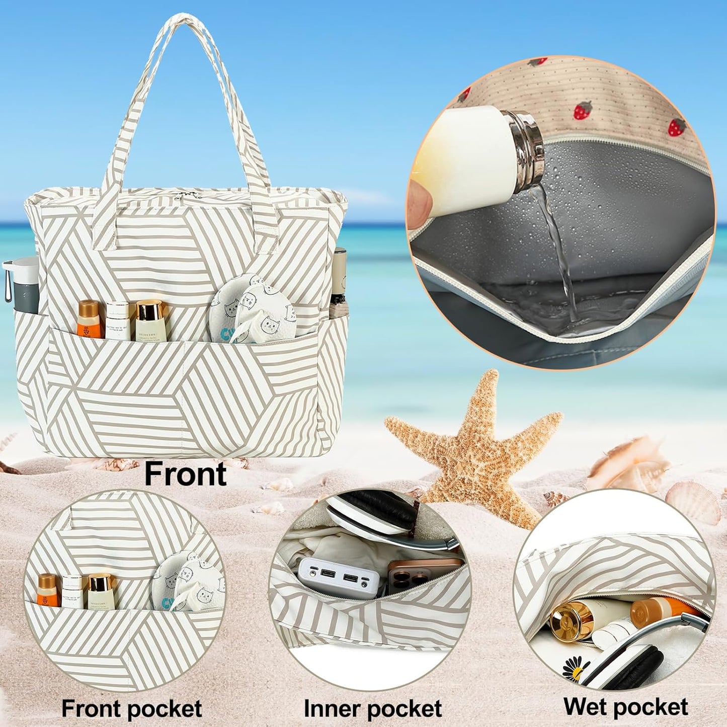 Waterproof Beach Tote Pool Bags for Women Ladies Extra Large Gym Tote Carry On Bag With Wet Compartment for Weekender Travel