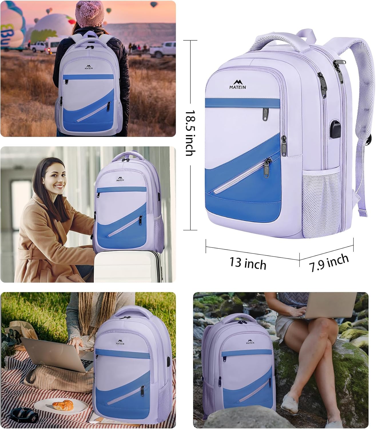 MATEIN Womens College Backpack, Stylish Casual Bag with Trolley Sleeve Fits 17 Inch Laptop, Water Resistant Work Commute Daypack with USB Charging Port, Graduation Gifts, Purple Blue