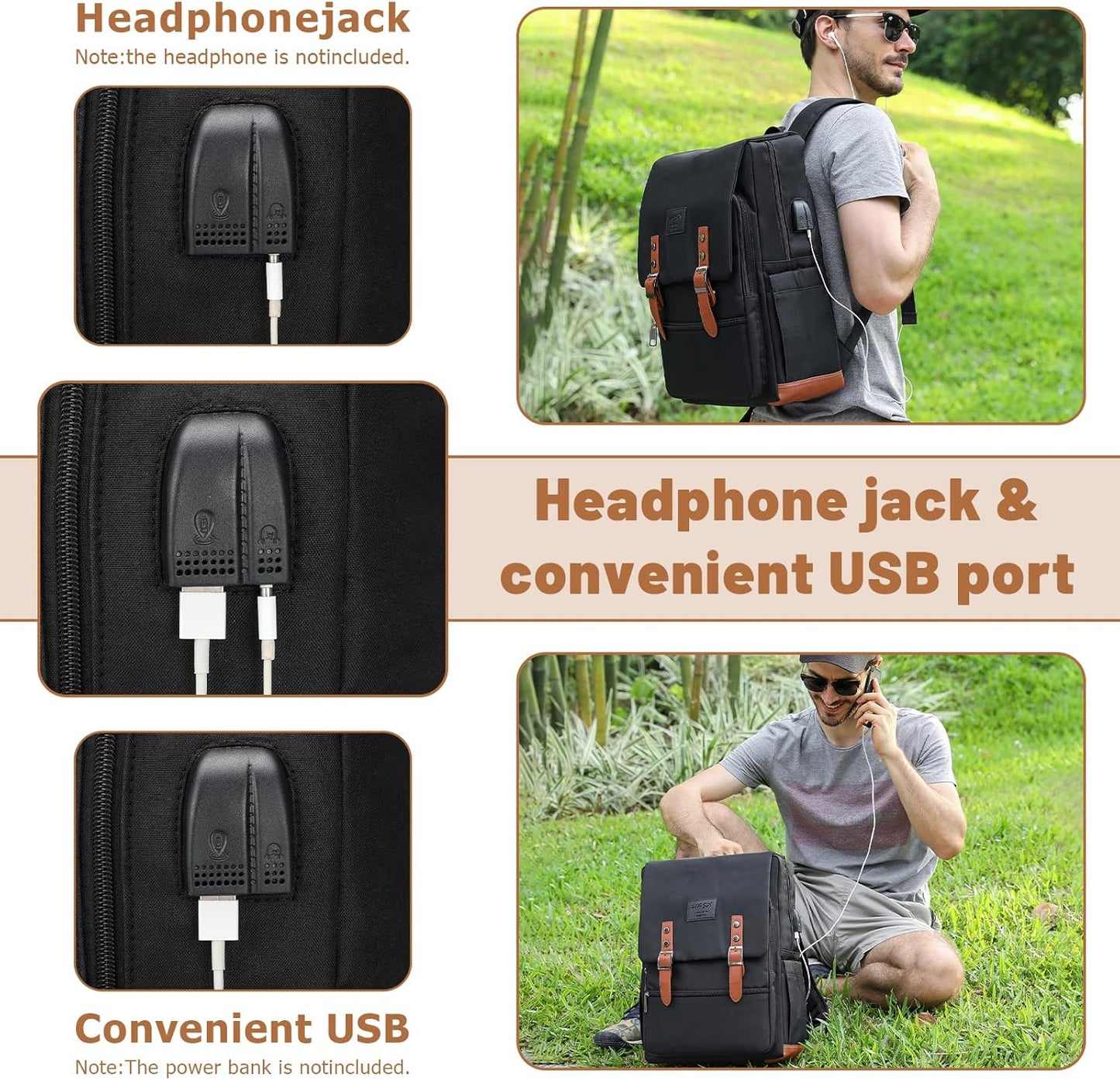HFSX Vintage Backpack Laptop Backpack Men Women Business Travel Computer Backpack College Bookbag Stylish Water Resistant Vintage Backpack with USB Port Fits 15.6 Inch Laptop Black