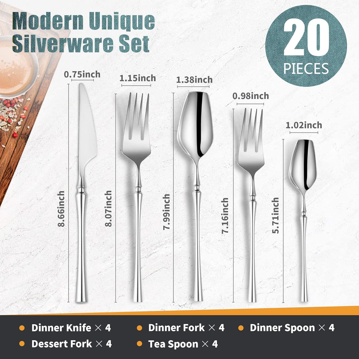 20-Piece Silverware Set for 4,Modern 18/10 Stainless Steel Flatware Set,Unique Rustic Cutlery Utensils Set,Spoon and Fork Set for Home, Restaurant,Wedding,Mirror Polished,Dishwasher Safe