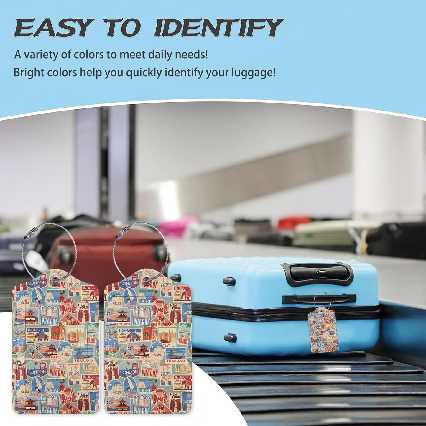 3 Pack Luggage Tag for Suitcase,Travel Stamp Leather Luggage Tags with Privacy Cover Name ID Label Identifiers Travel Bag Tags for Women Men Boys Girls