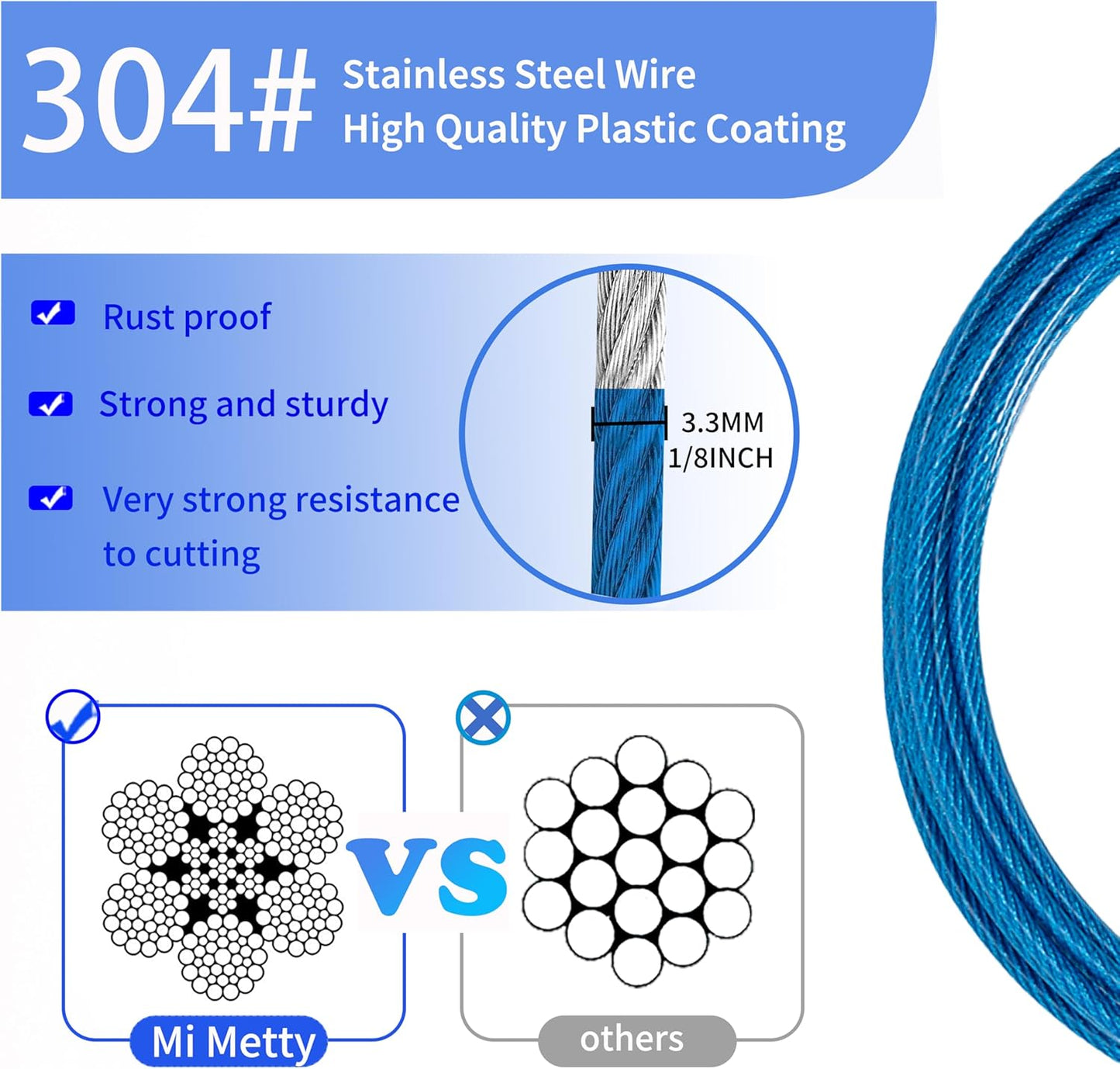 3.3mm (1/8 Inch) Outdoor Travel Stainless Steel Security Cable-10ft Luggage Lock Safety Wire Flexible Steel Wire Rope with Double Loop Safety for Luggage, Bike, Lock(Blue, 10ft-(1Pack)
