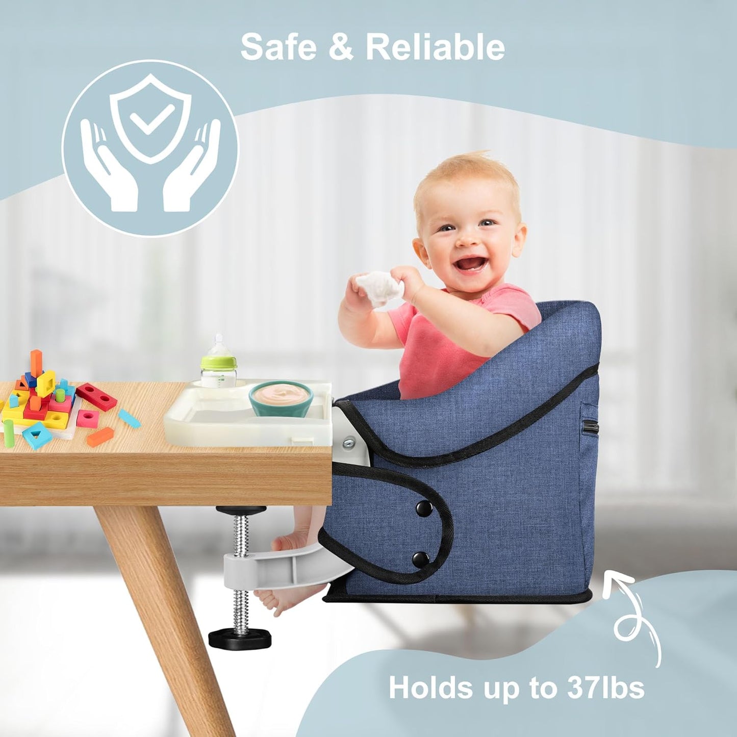 Hook On High Chair, Jozzve Clip on High Chair with Removable Dining Tray for Babies and Toddlers, Fold-Flat Storage Portable Baby Feeding Seat, Attach to Fast Table Chair for Home Travel (Navy)