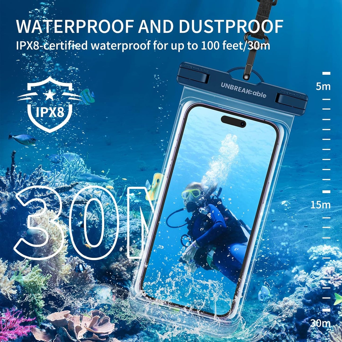 UNBREAKcable Waterproof Phone Pouch-2 Pack IPX8 Waterproof Phone Case for iPhone 16 15 14 13 12 11 Pro Max & Samsung S25 S24-Dry Bag & Travel Essentials for Beach, Pool, Kayak & Cruise-7" Black+Blue