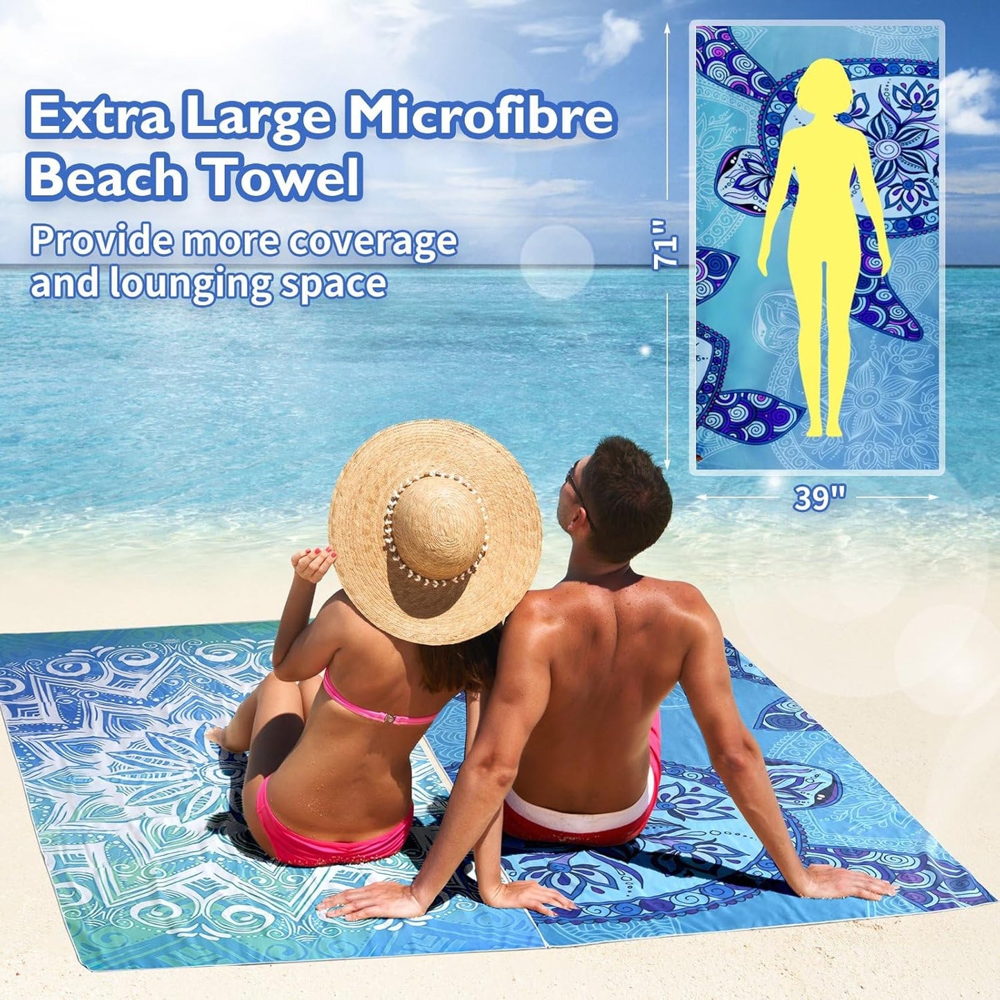 Beach Towels Oversized - 71"x 39" 250GSM Microfiber Beach Towels for Adults, Lightweight Quick Dry Absorbent Compact Sand Free Beach Towel for Swimming Pool, Camping, Yoga, Travel(Boho)