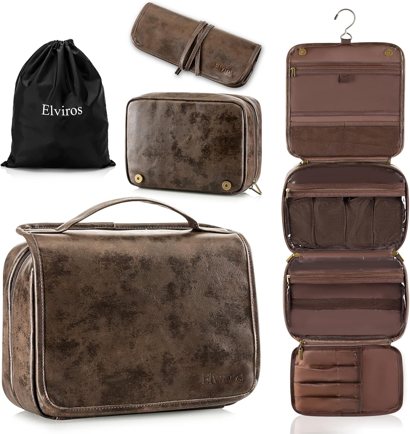 Elviros Hanging Toiletry Bag Removable Travel Bag PU leather Makeup Cosmetic Organizer Kit, Coffee