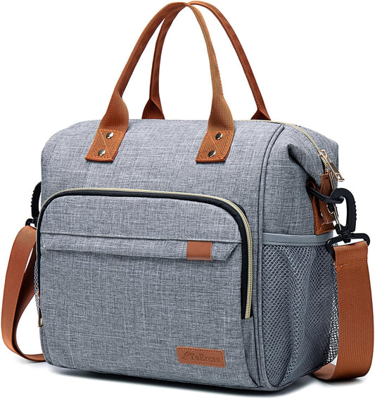TuErCao Adult Lunch Box - Insulated Lunch Bag Women for Work, Soft Cooler for Beach Travel Picnic, Ladies Lunch Tote Bag for Office, Grey