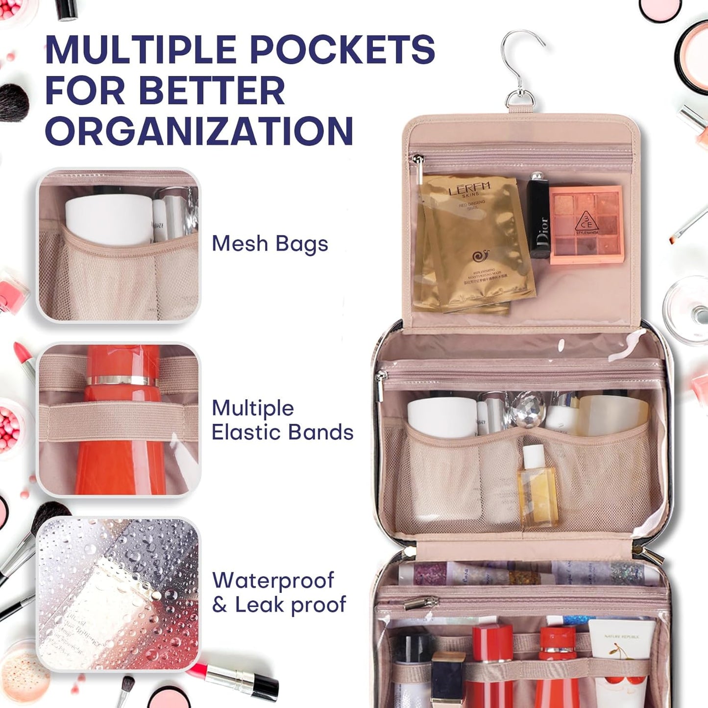Hanging Toiletry Bag for Women Travel, 2 Sizes Large & Small Waterproof Cosmetic Organizer with 4 Compartments, Rotating Hook, Foldable Pink Travel Bag for Toiletries & Makeup, Large Grey Blue