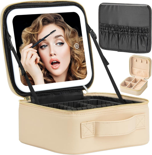 Makeup Travel Train Case with Mirror LED Light 3 Adjustable Brightness Large Cosmetic Bag Portable Storage Adjustable Partition Waterproof Makeup Brushes Make up Jewelry Gift for Women