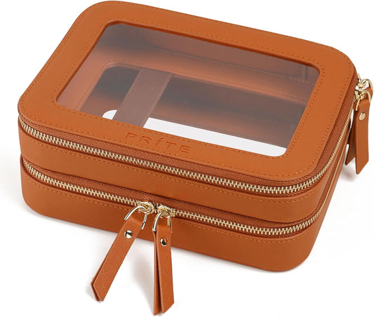 Prite Large Clear Makeup Bag Double Layer Makeup Bag for Women Travel Toiletry Bag Cosmetic Train Case with a Separate Brush Compartment for Car Essentials(Brown)