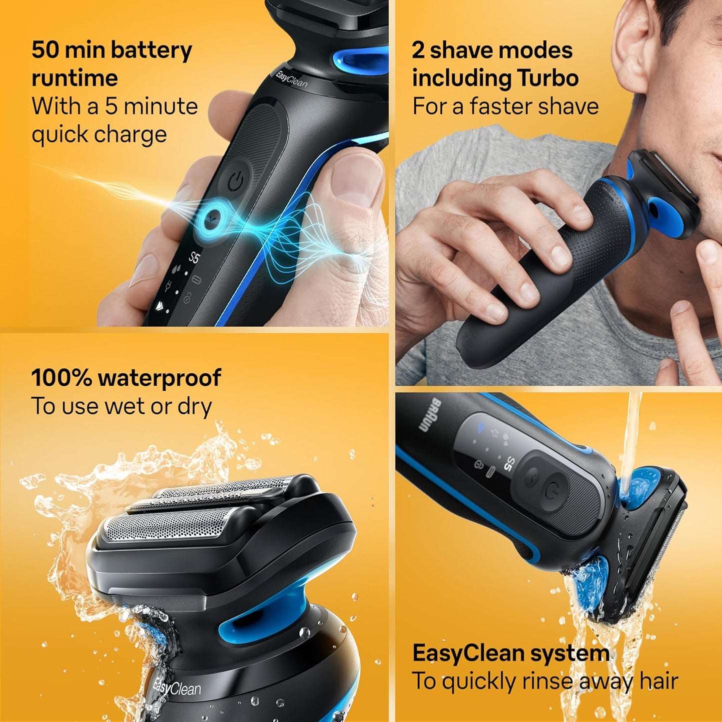 Braun Electric Shaver for Men, Series 5 5150cs, Wet & Dry Shave, Turbo Shaving Mode, Foil Shaver, with Beard Trimmer, Body Groomer and Charging Stand, Blue
