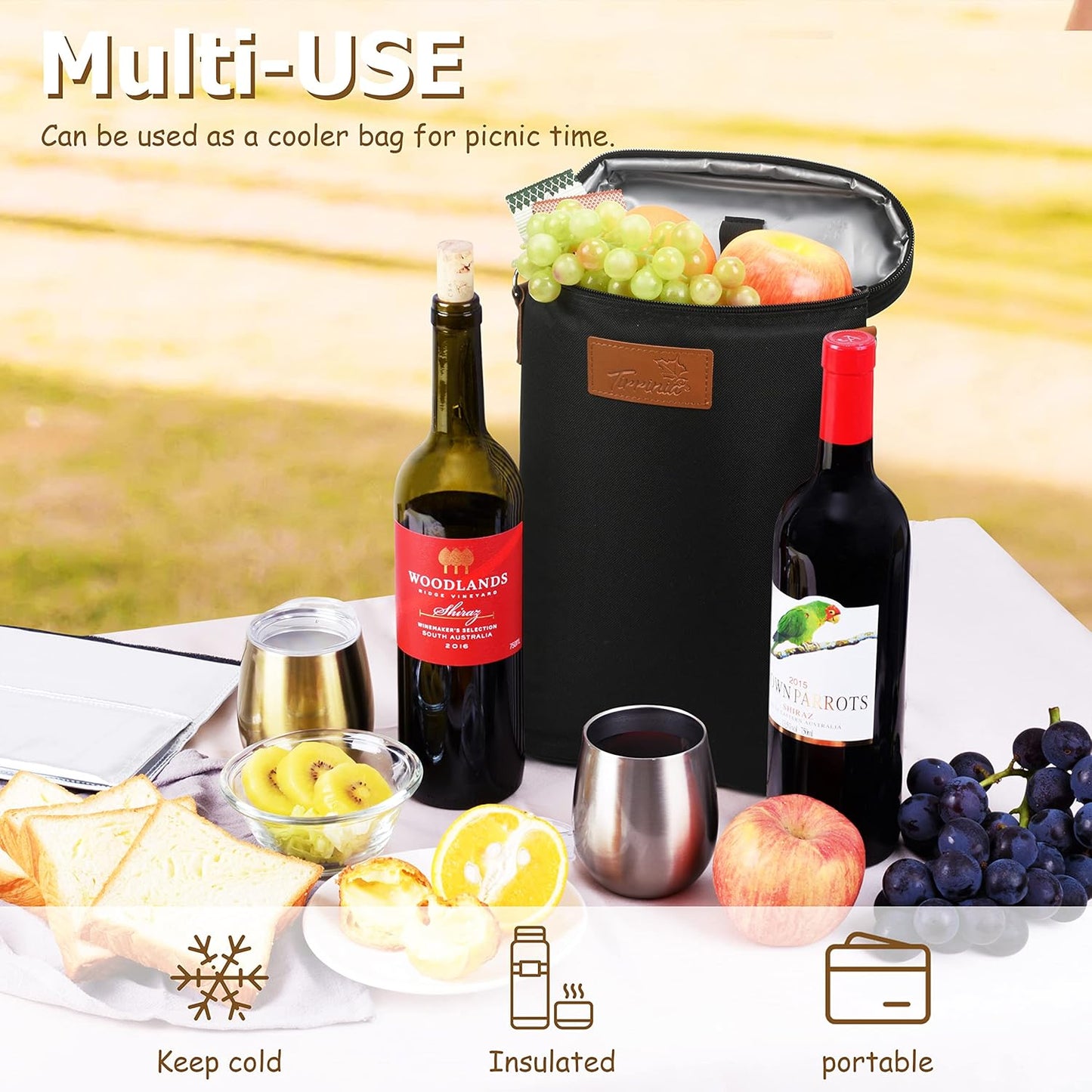 Tirrinia 2 Bottle Leakproof Insulated Wine Tote Carrier Bag - Padded Cooler for Travel, Restaurants, Tasting, Parties, Great Gift for Wine Lovers