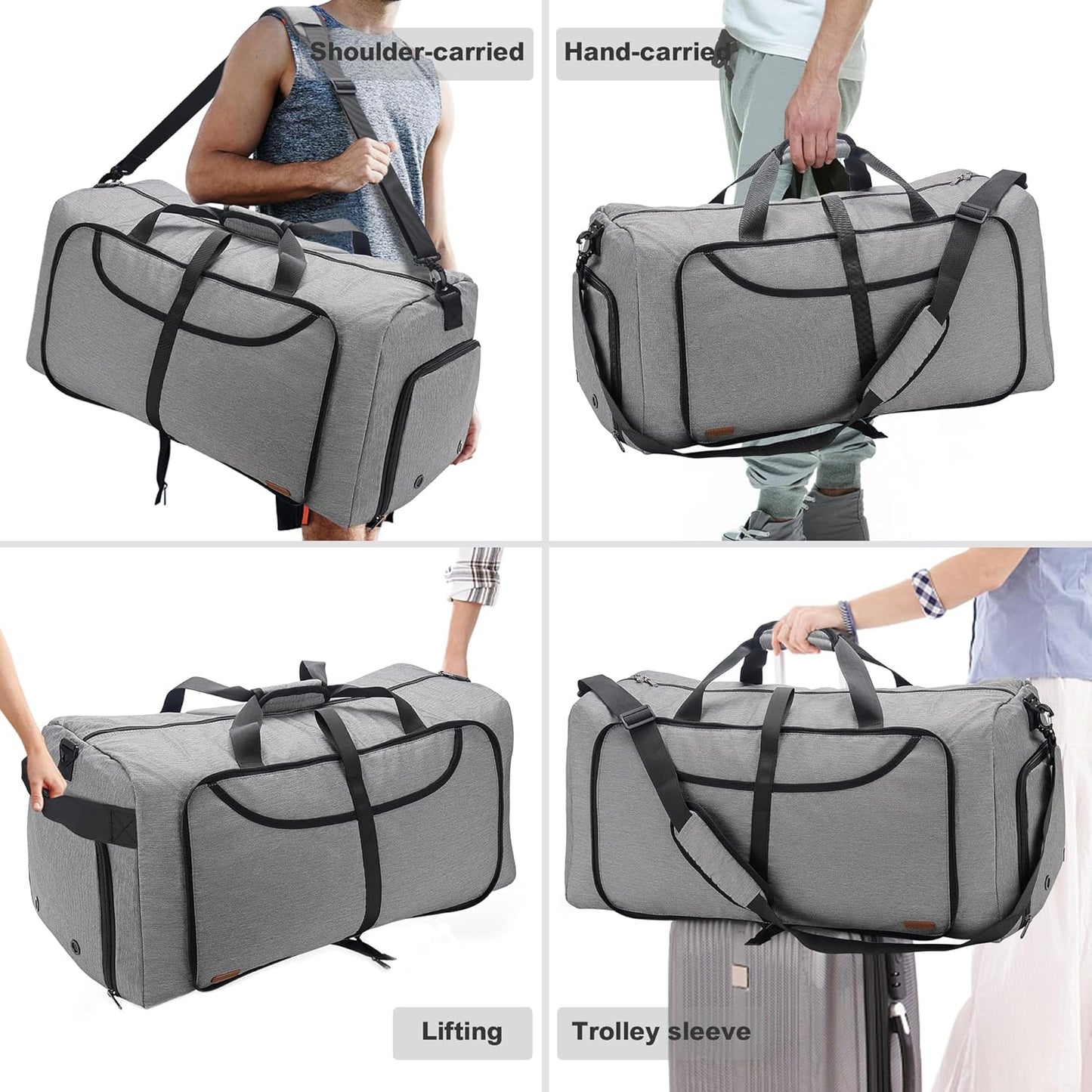 80L Duffle Bag for Travel, Large Foldable Waterproof Travel Duffel Bags Weekender Overnight Bag for Men and Women with Shoe Compartment (Gray)