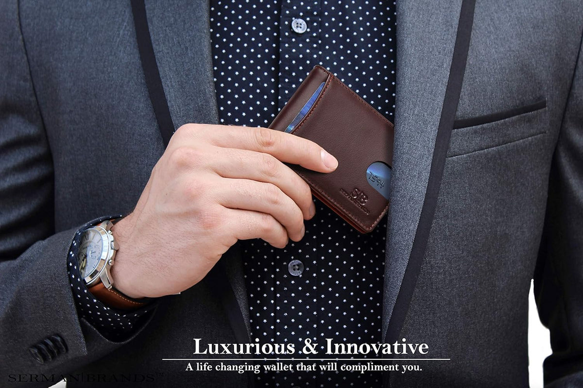 SERMAN BRANDS RFID Blocking Slim Bifold Genuine Leather Minimalist Front Pocket Wallets for Men with Money Clip Thin Mens