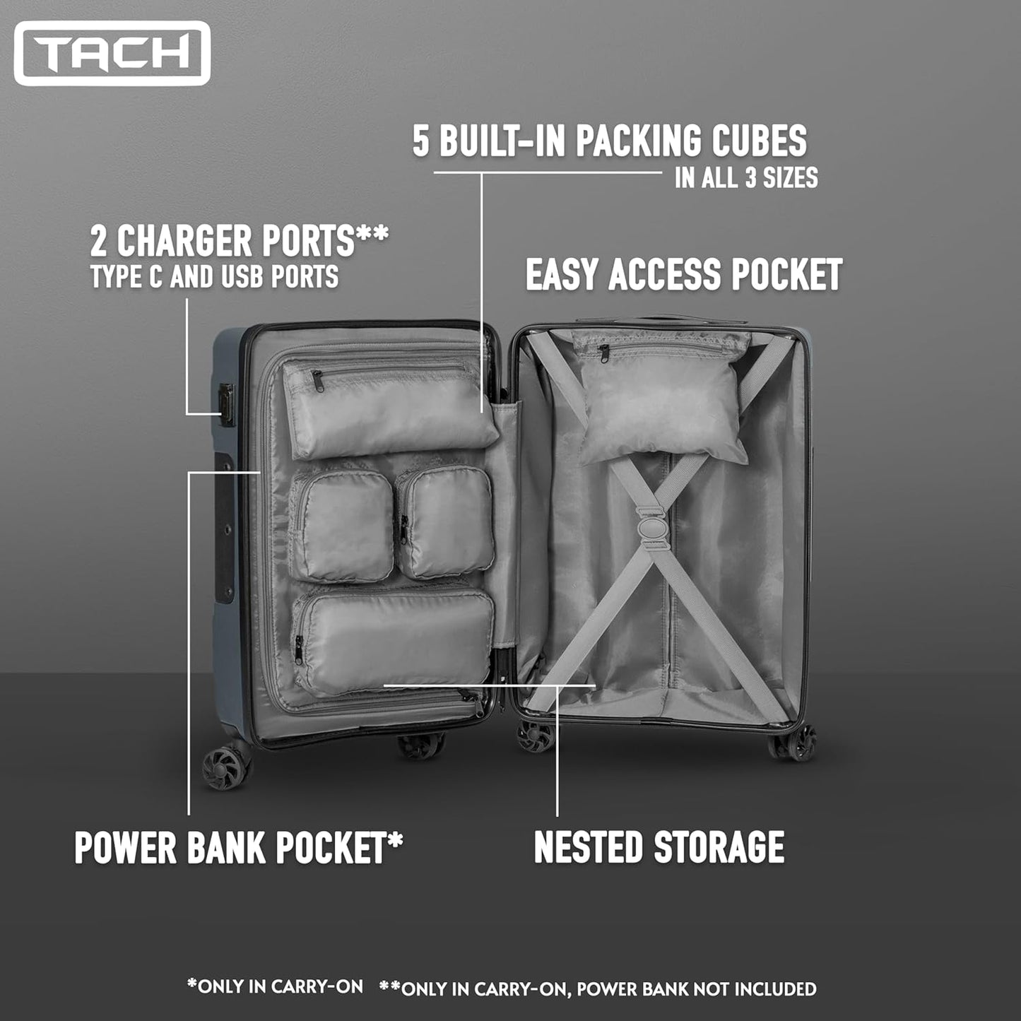 Tach V3.1 Hard Shell 2 Piece Luggage Set - 20 & 28 inch Luggage | Carry On & Large Checked Suitcases | Patented Built-In Connecting System | Rolling Suitcase Links 9 Bags (Grey)